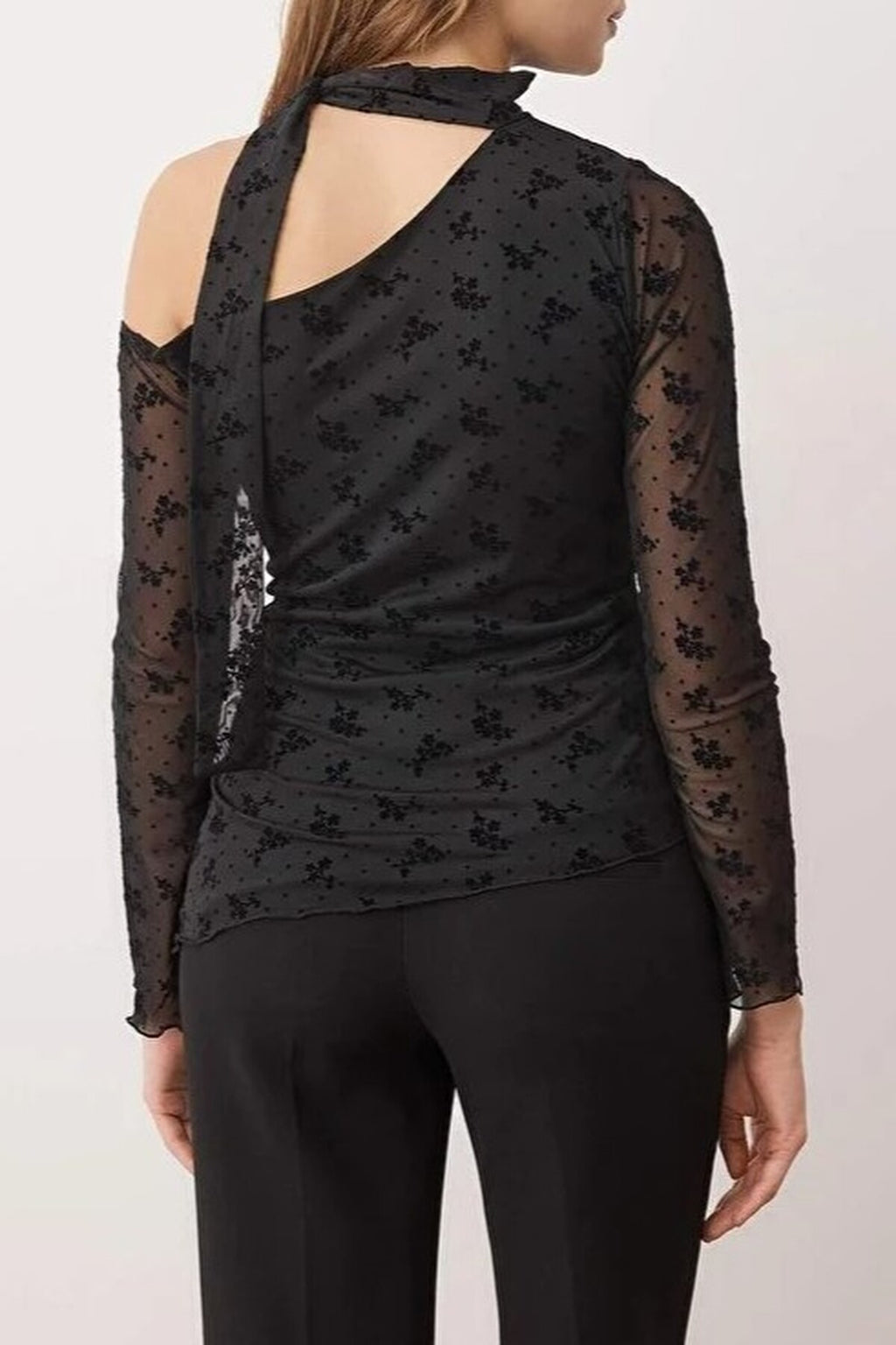 Floral Fitted Asymmetrical Neckline Belted Tulle Knit Blouse