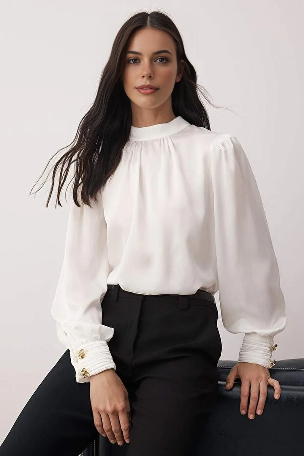 Shawl Detail Buttoned Satin Woven Blouse