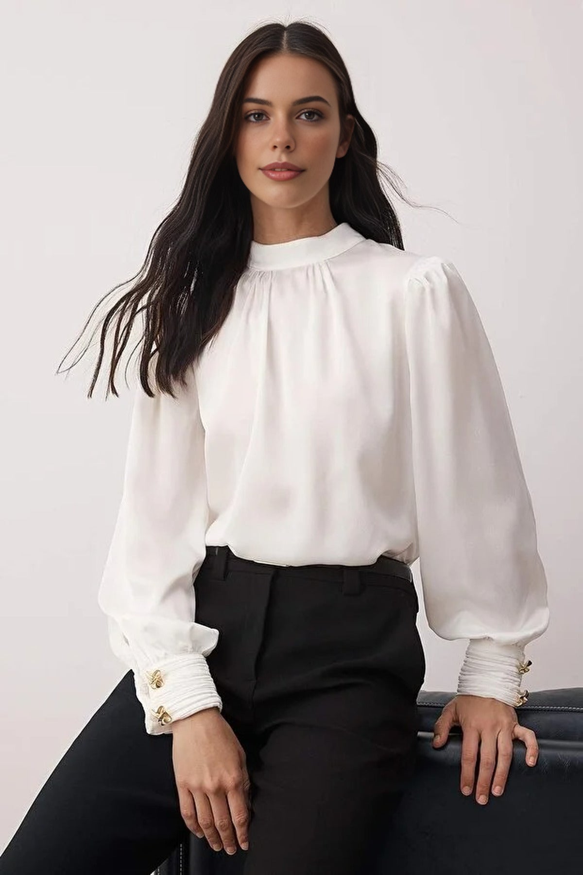 Shawl Detail Buttoned Satin Woven Blouse