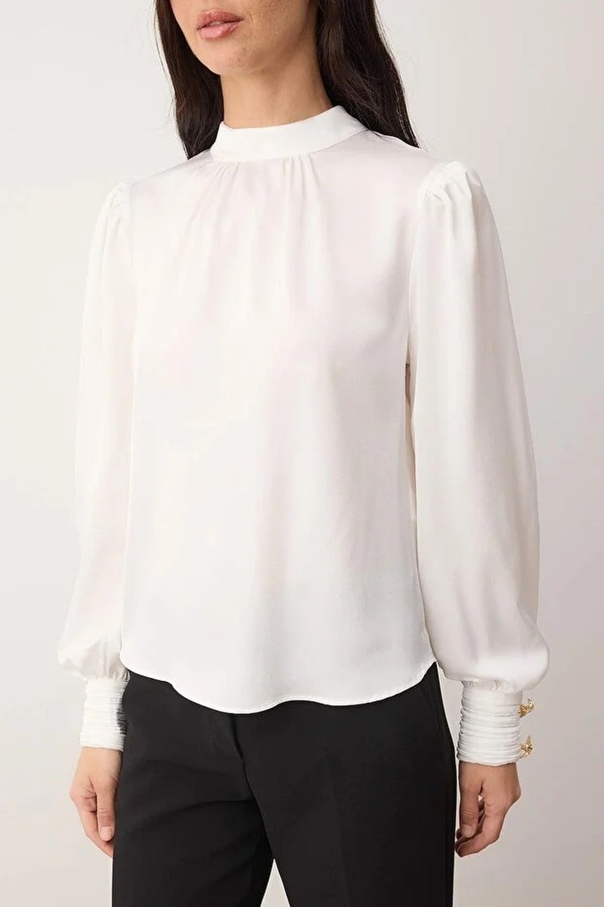 Shawl Detail Buttoned Satin Woven Blouse