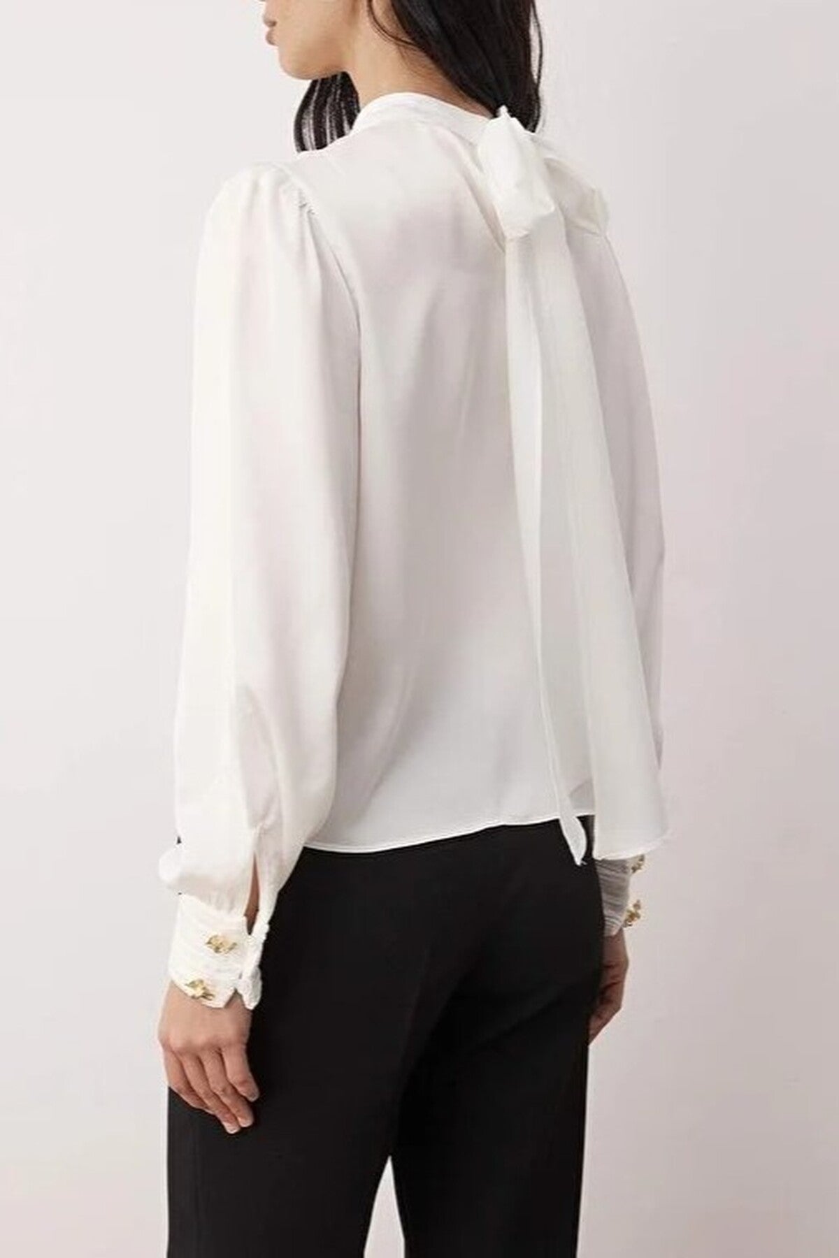 Shawl Detail Buttoned Satin Woven Blouse