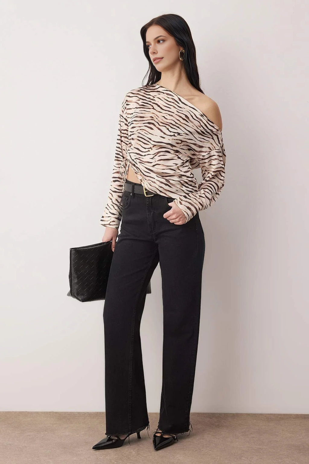 Animal Print Asymmetrical Collar Woven Blouse with Gathered Detail