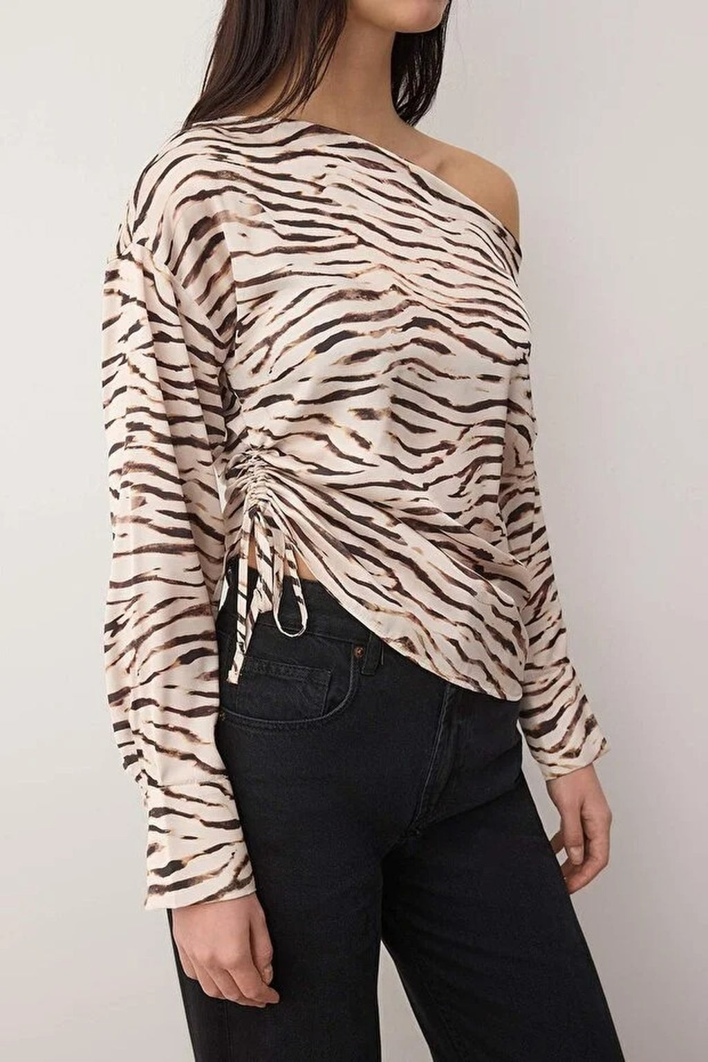 Animal Print Asymmetrical Collar Woven Blouse with Gathered Detail