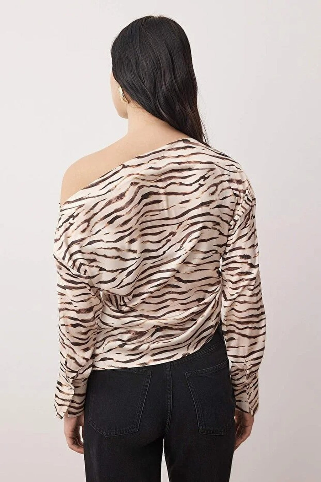 Animal Print Asymmetrical Collar Woven Blouse with Gathered Detail