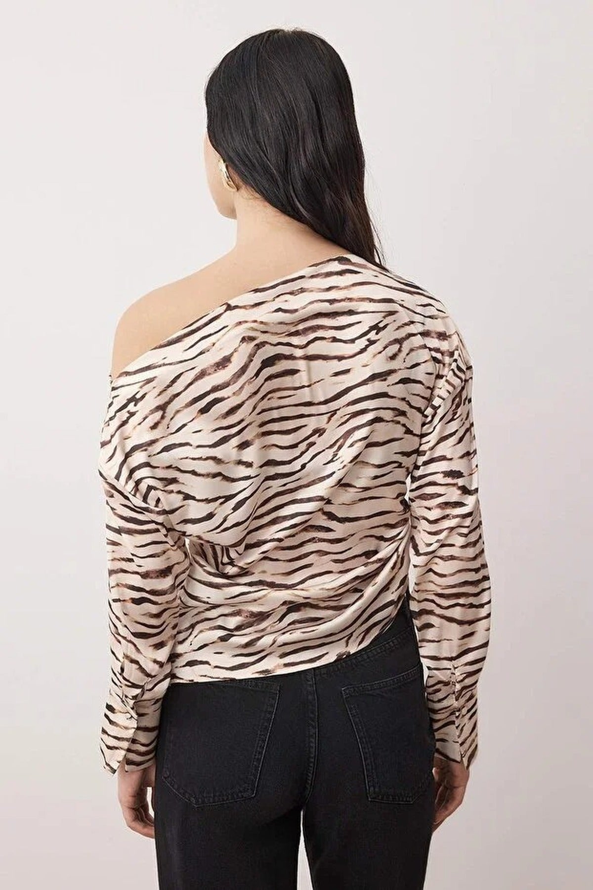 Animal Print Asymmetrical Collar Woven Blouse with Gathered Detail