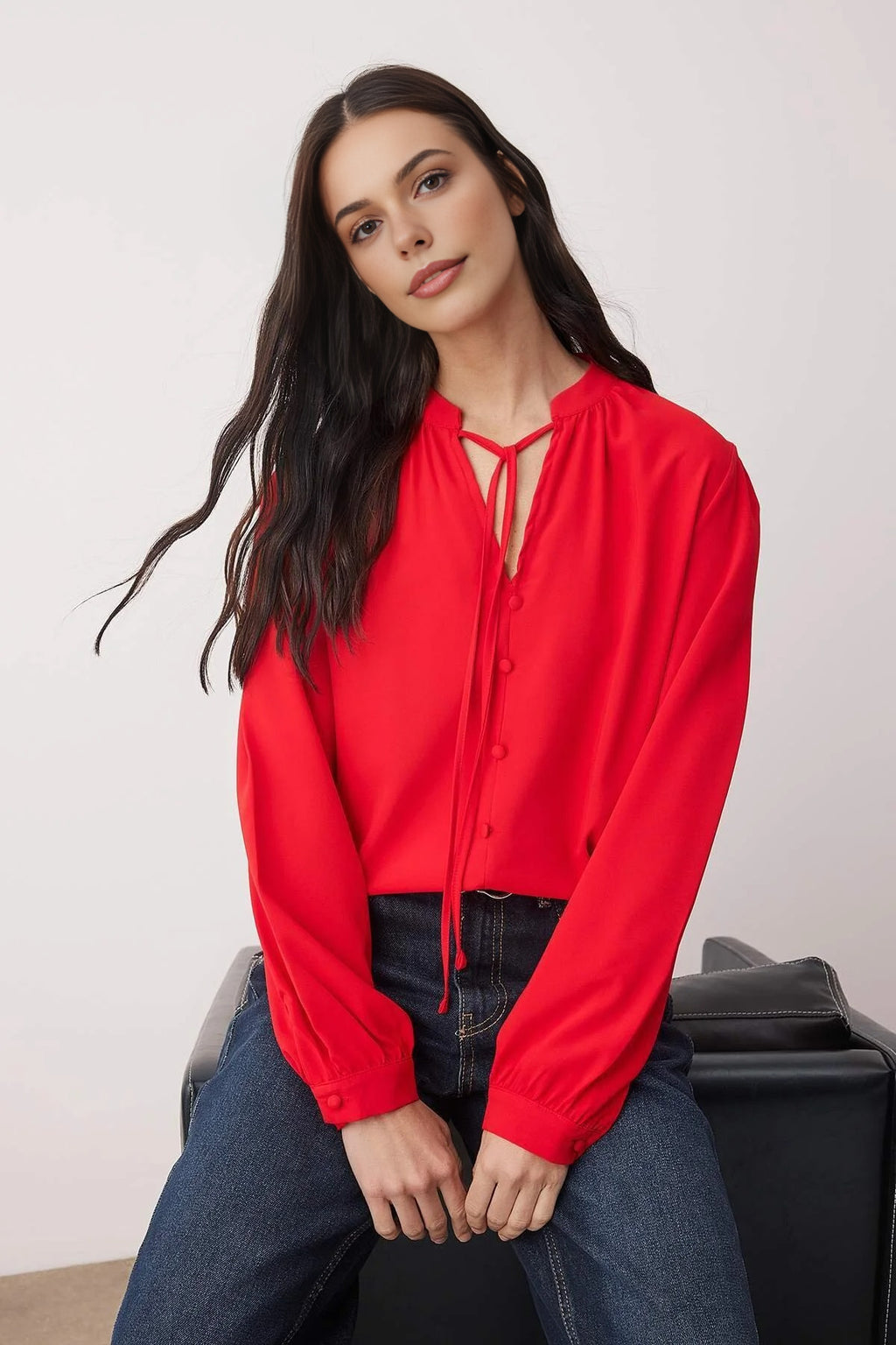 Satin Woven Blouse with Button and Tie Detail