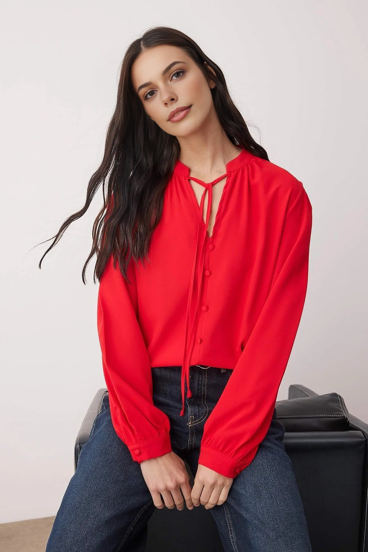 Satin Woven Blouse with Button and Tie Detail