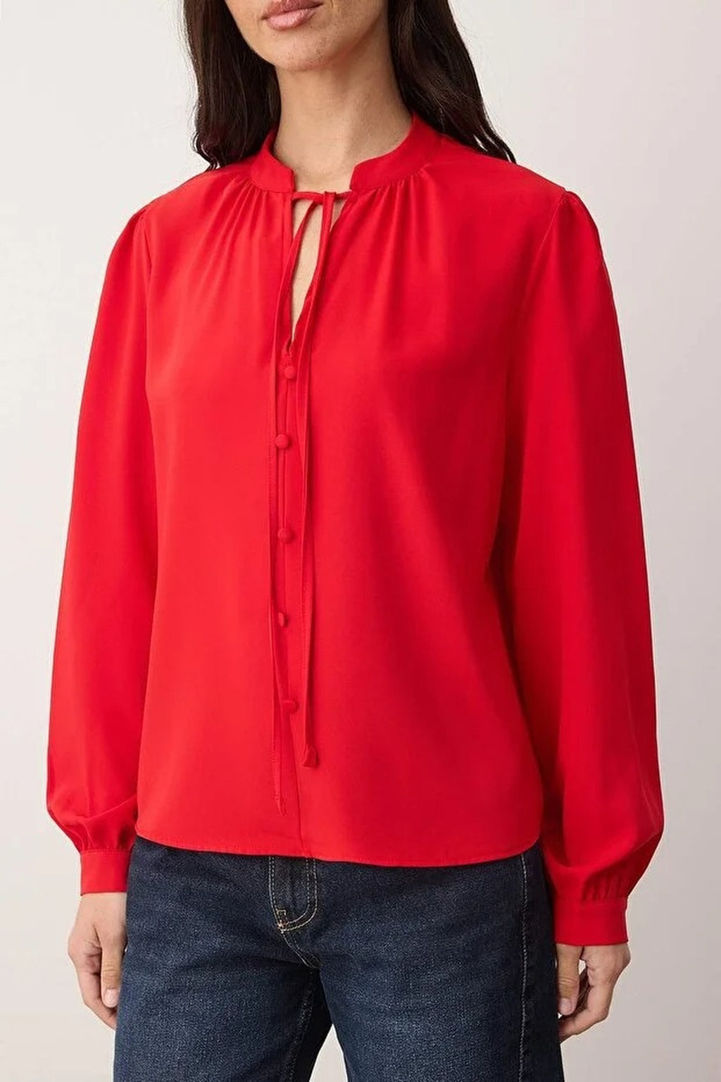 Satin Woven Blouse with Button and Tie Detail