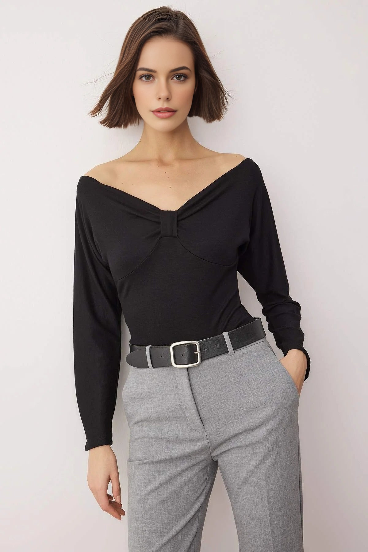 Fitted Draped Knit Blouse