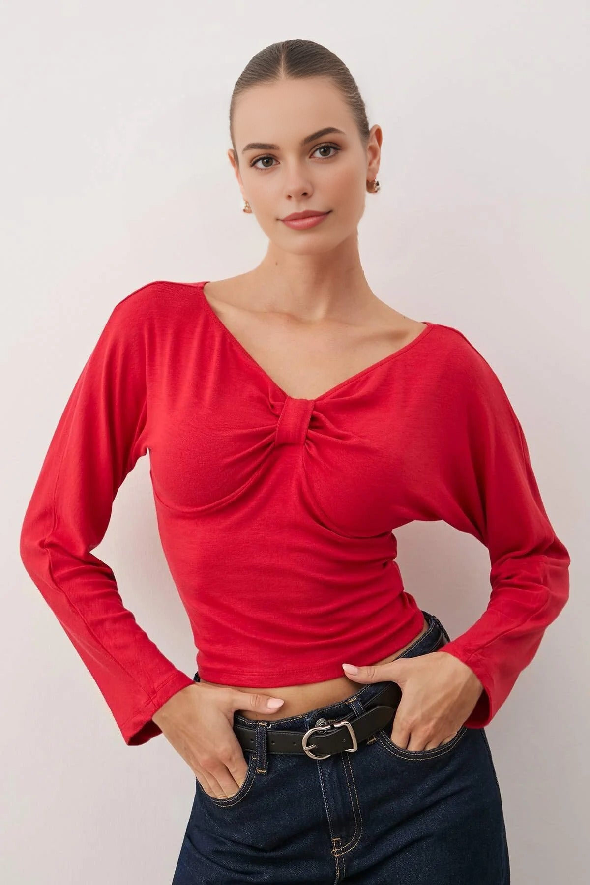 Fitted Draped Knit Blouse