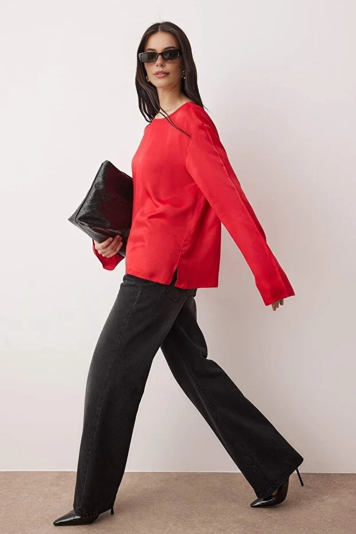 Relaxed Fit Satin Blouse with Back Neckline Tie Detail