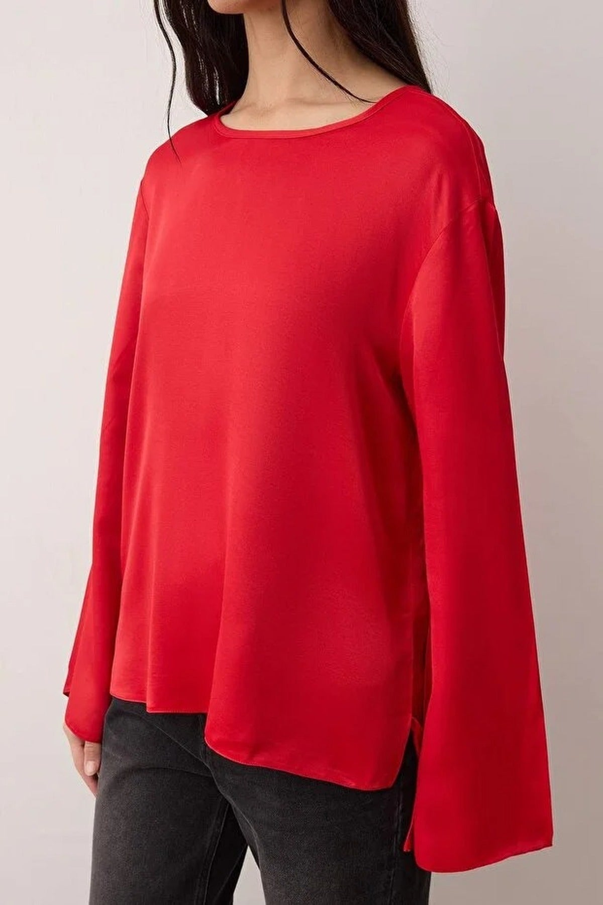 Relaxed Fit Satin Blouse with Back Neckline Tie Detail