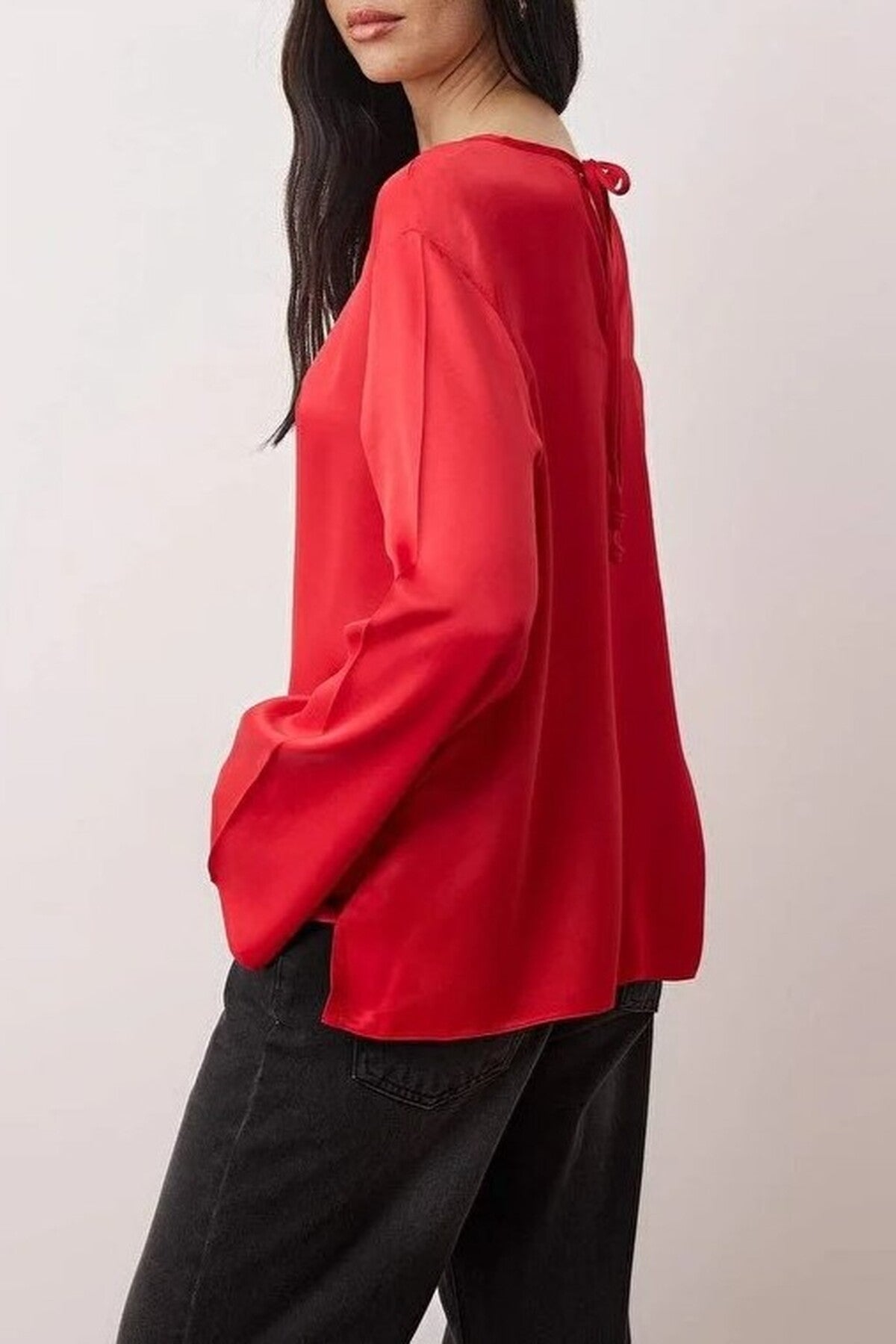 Relaxed Fit Satin Blouse with Back Neckline Tie Detail