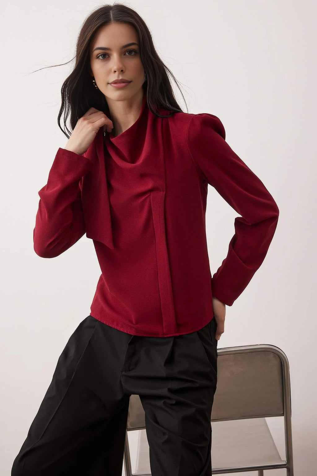 Shawl Detail V-Neck Woven Blouse