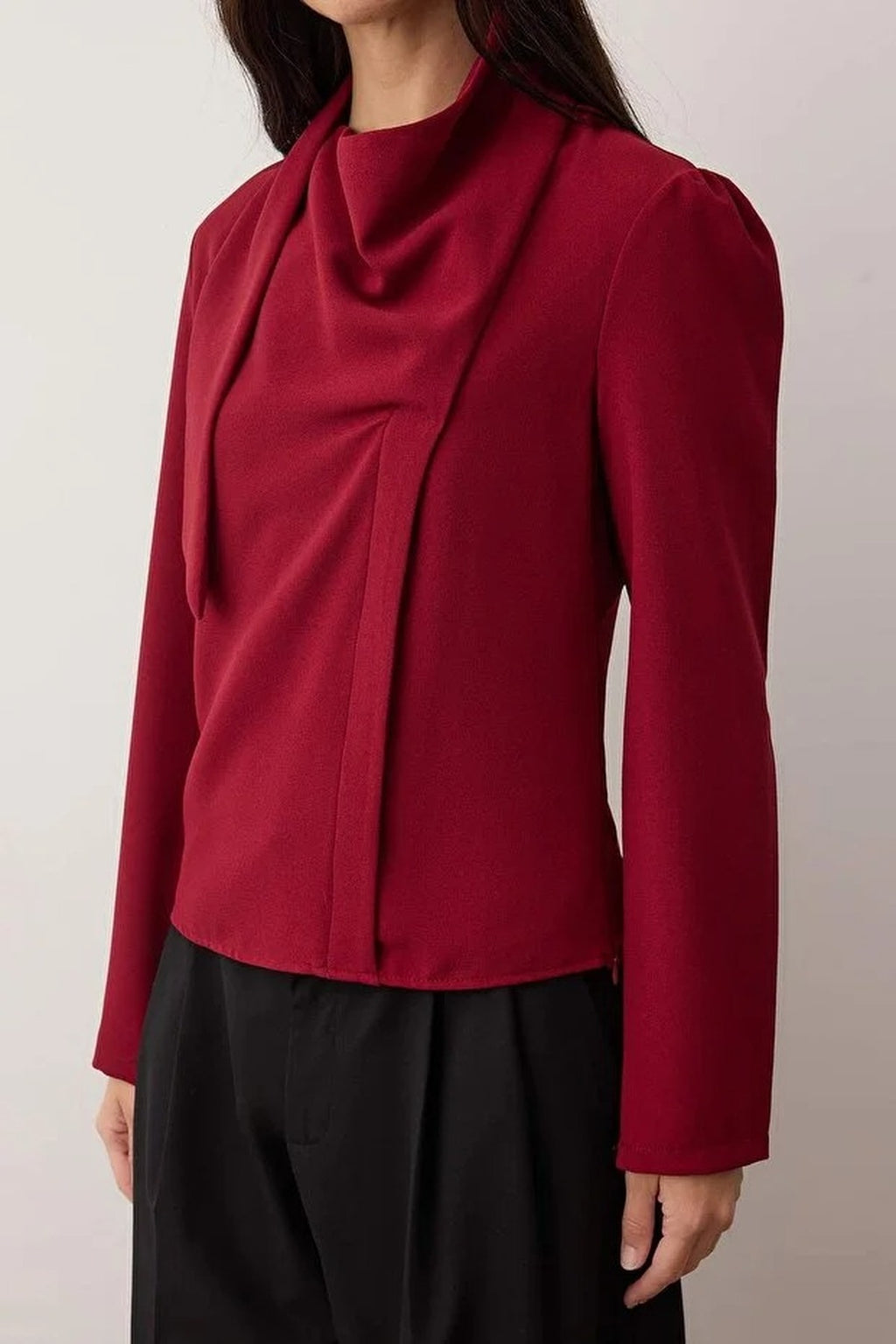 Shawl Detail V-Neck Woven Blouse