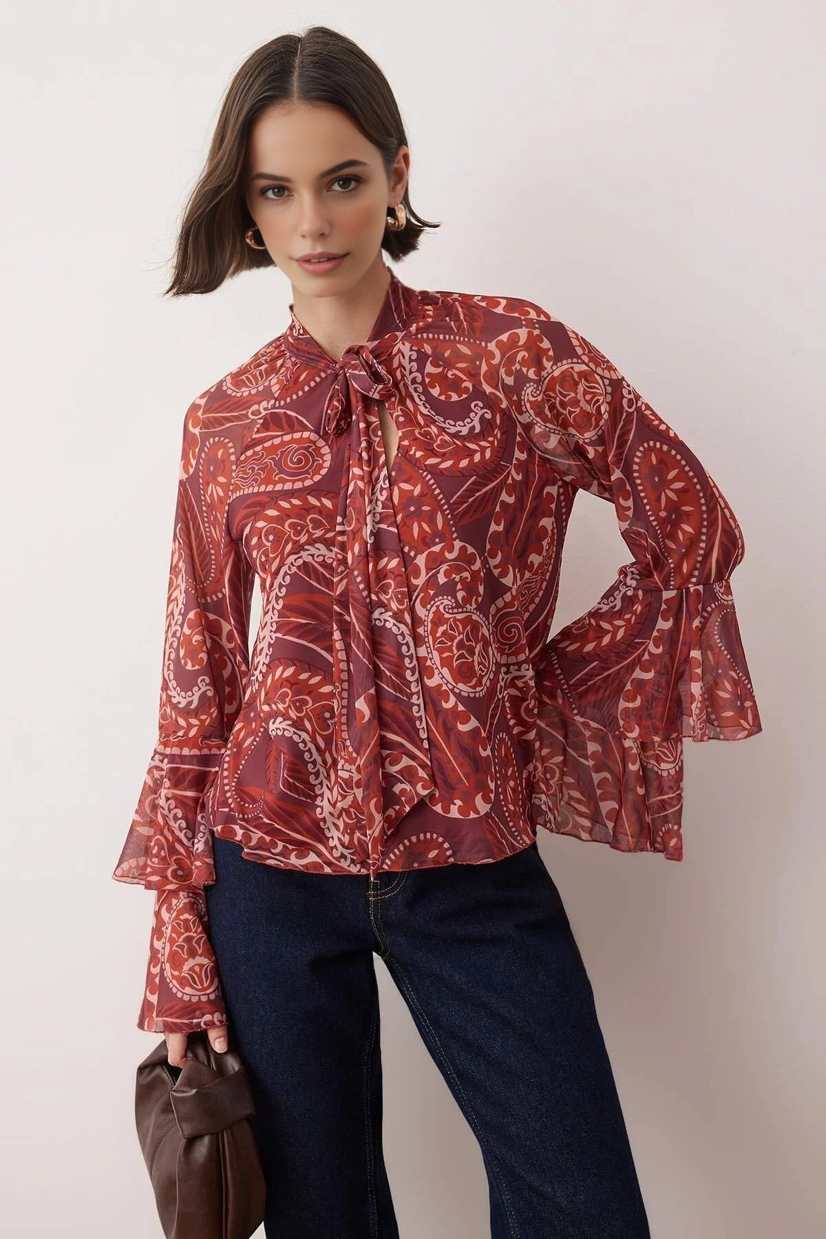 Patterned Ruffled Tulle Stretch Knit Blouse with Scarf Detail