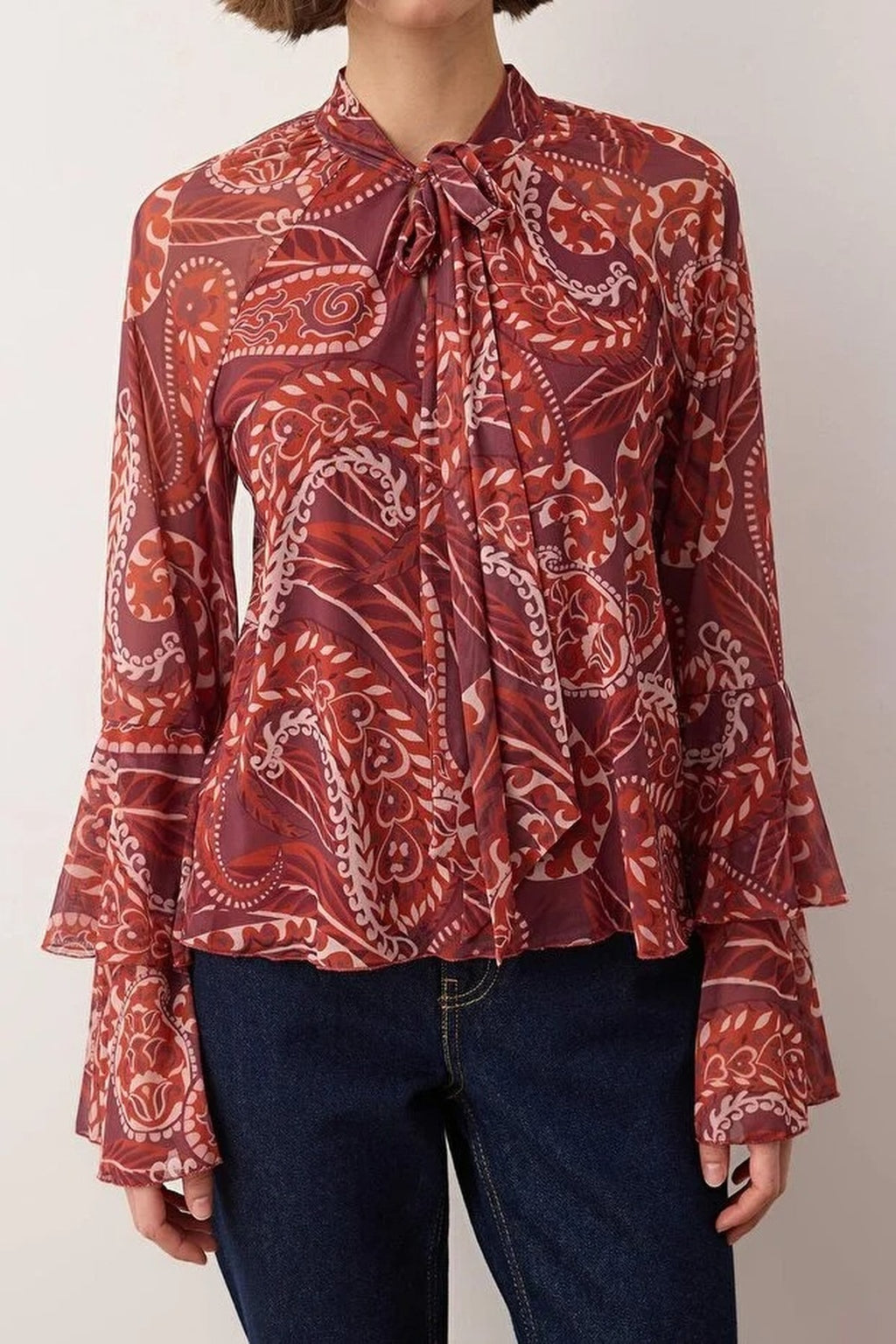 Patterned Ruffled Tulle Stretch Knit Blouse with Scarf Detail