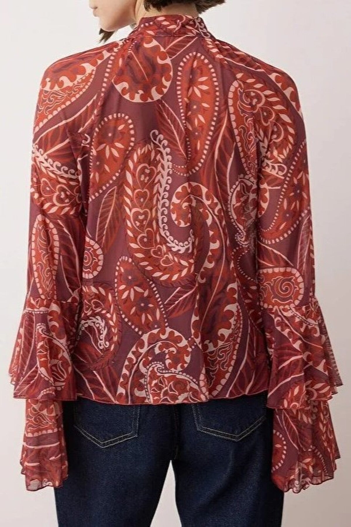 Patterned Ruffled Tulle Stretch Knit Blouse with Scarf Detail