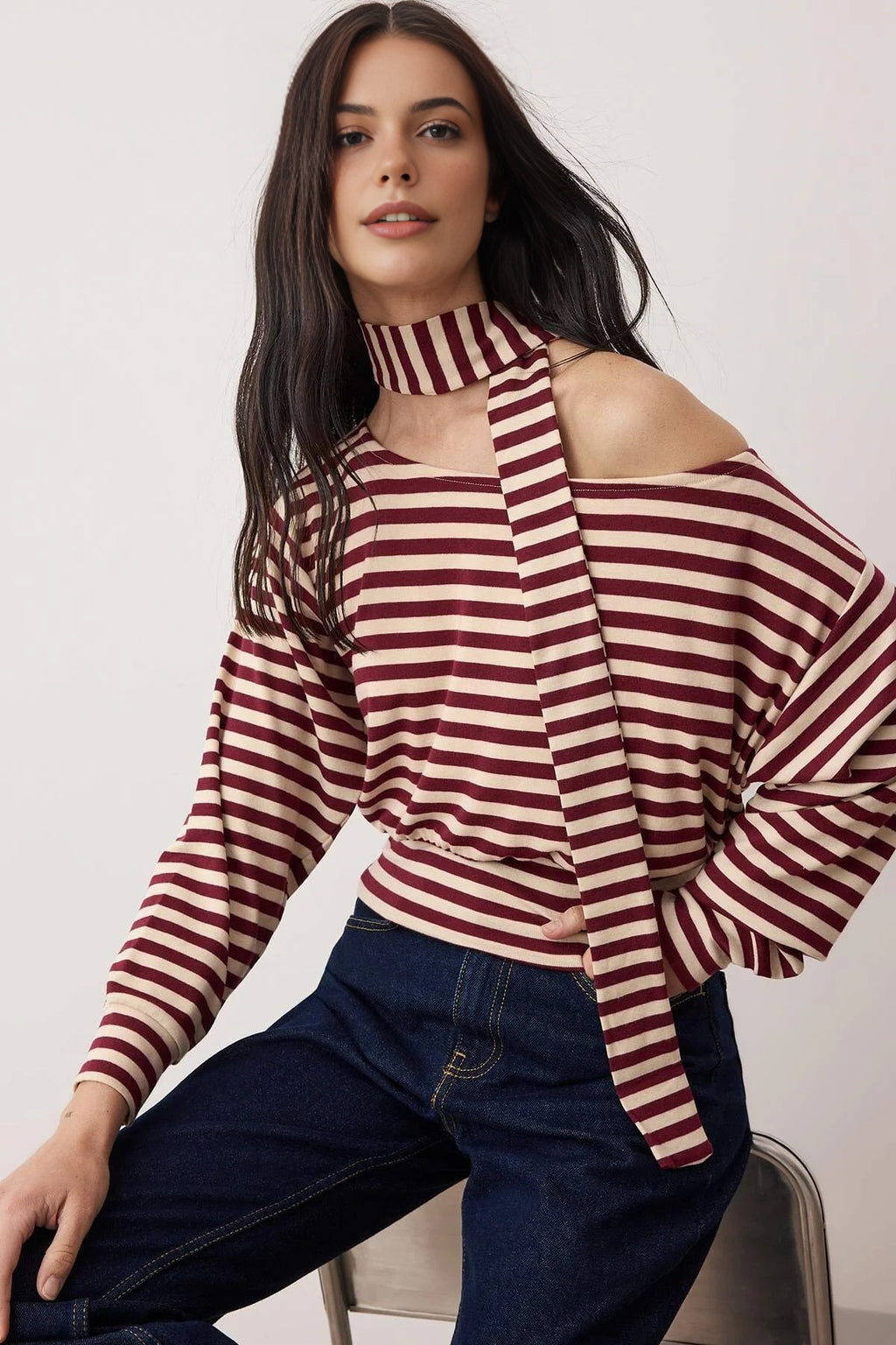 Striped Off-Shoulder Shawl Knitted Blouse with Accessory Detail