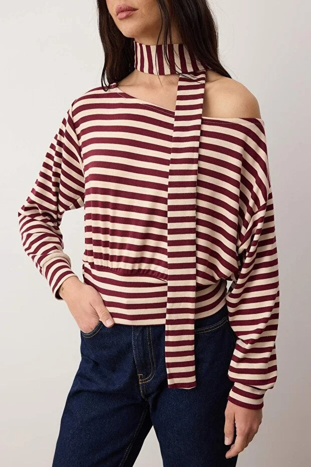 Striped Off-Shoulder Shawl Knitted Blouse with Accessory Detail