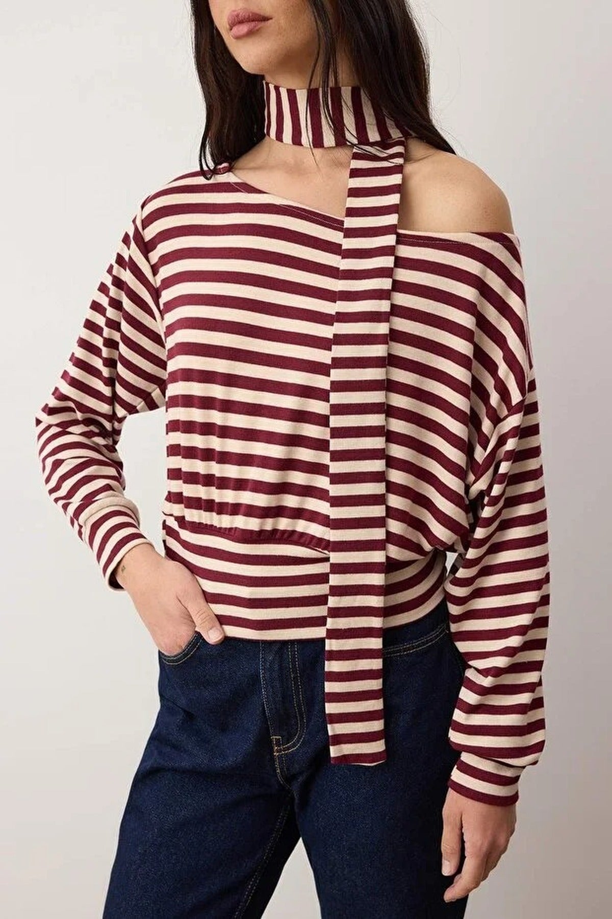 Striped Off-Shoulder Shawl Knitted Blouse with Accessory Detail