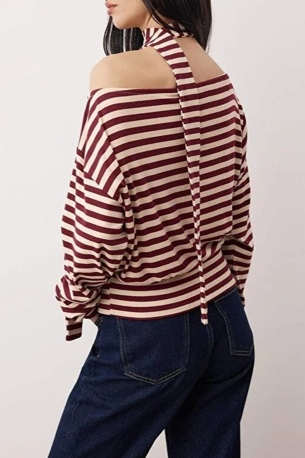 Striped Off-Shoulder Shawl Knitted Blouse with Accessory Detail