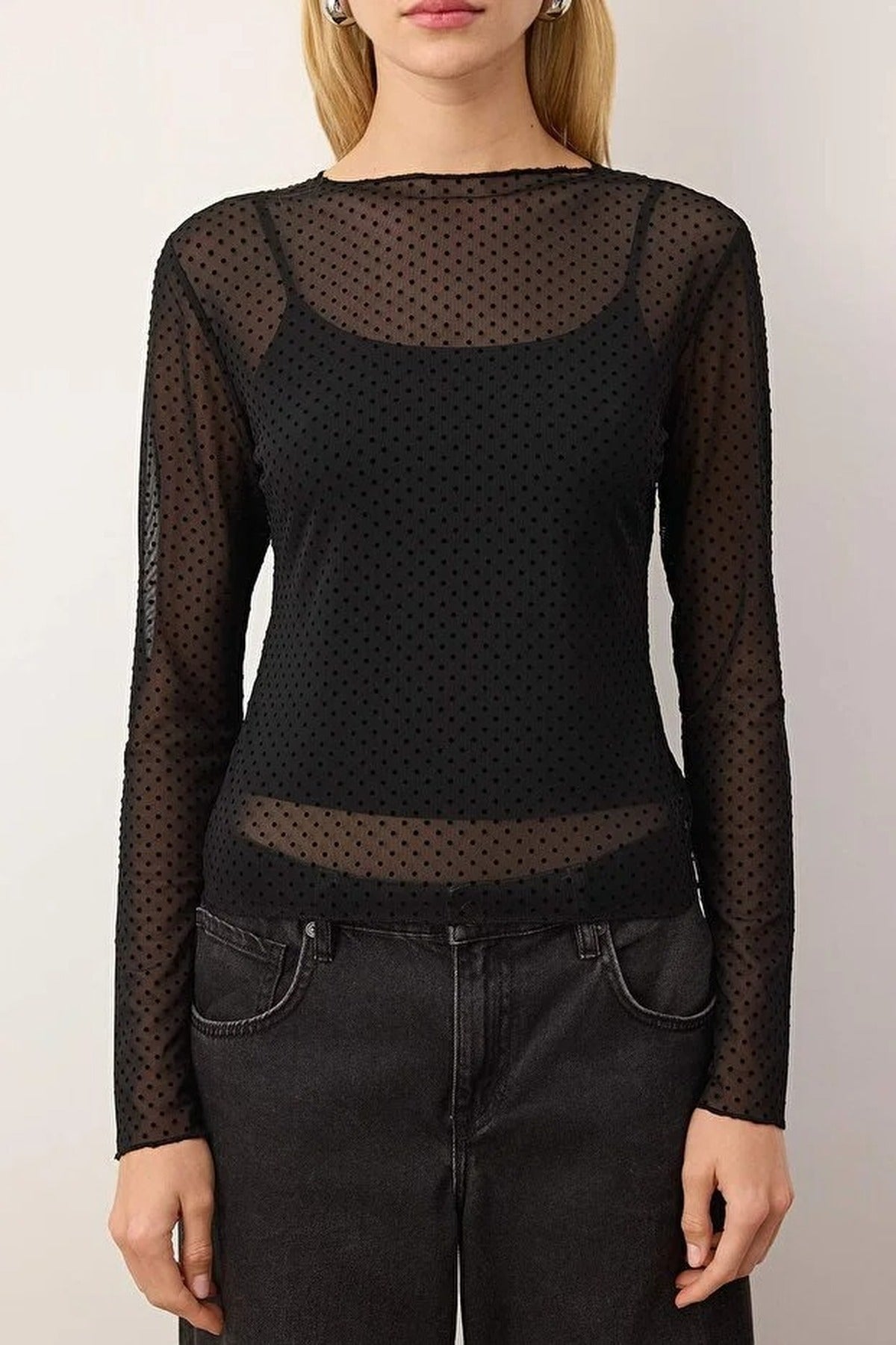 Flocked Tulle Stretch Knit Blouse