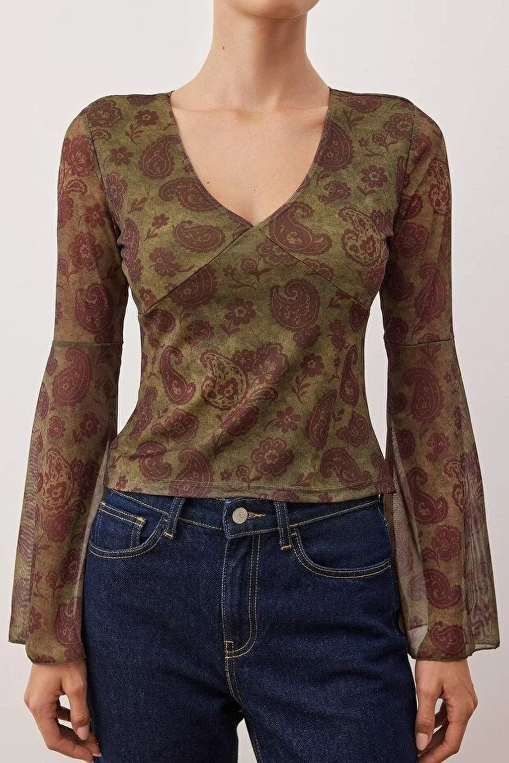 Printed V-neck Spanish Sleeve Tulle Stretch Knit Blouse