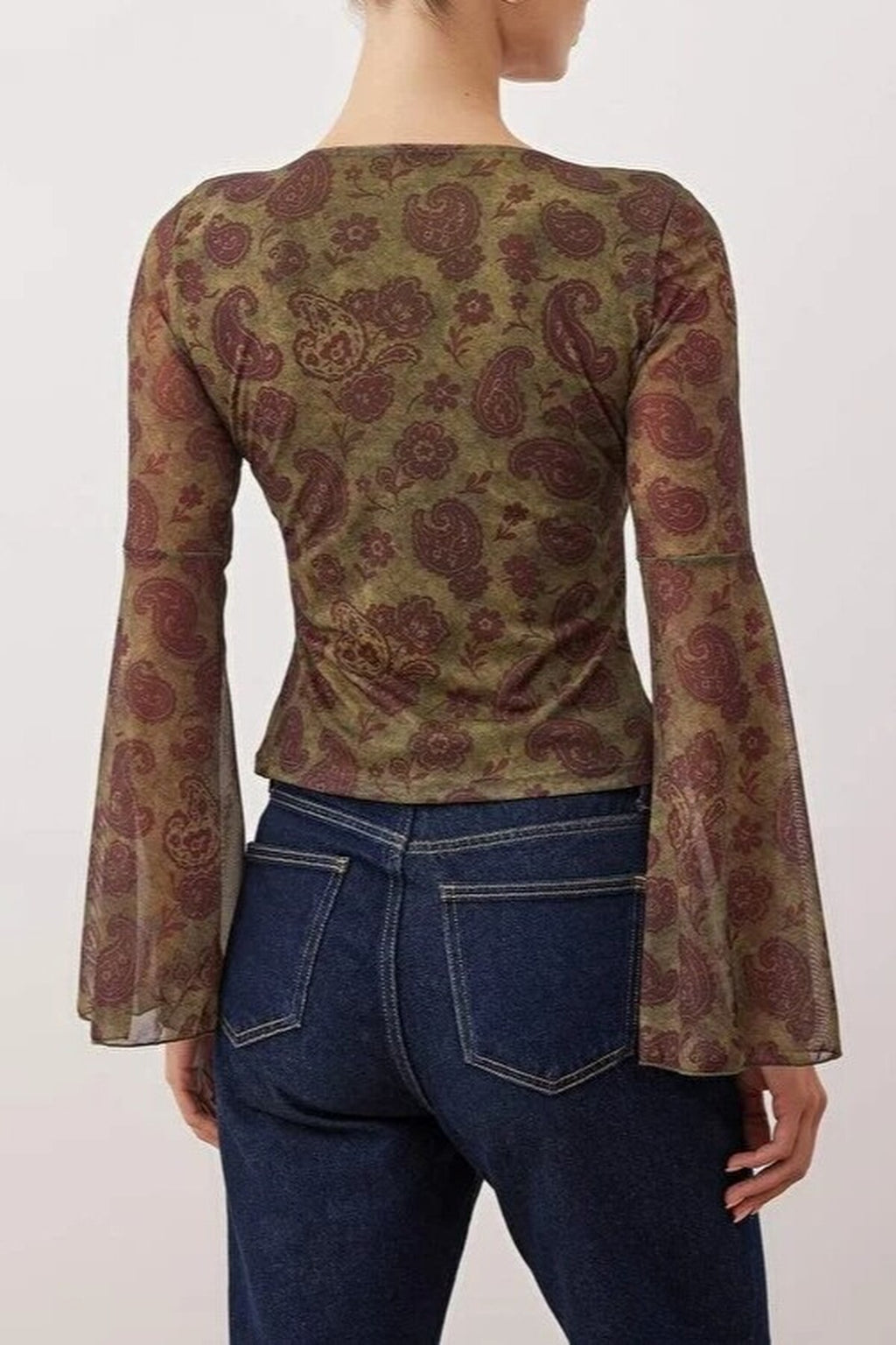 Printed V-neck Spanish Sleeve Tulle Stretch Knit Blouse