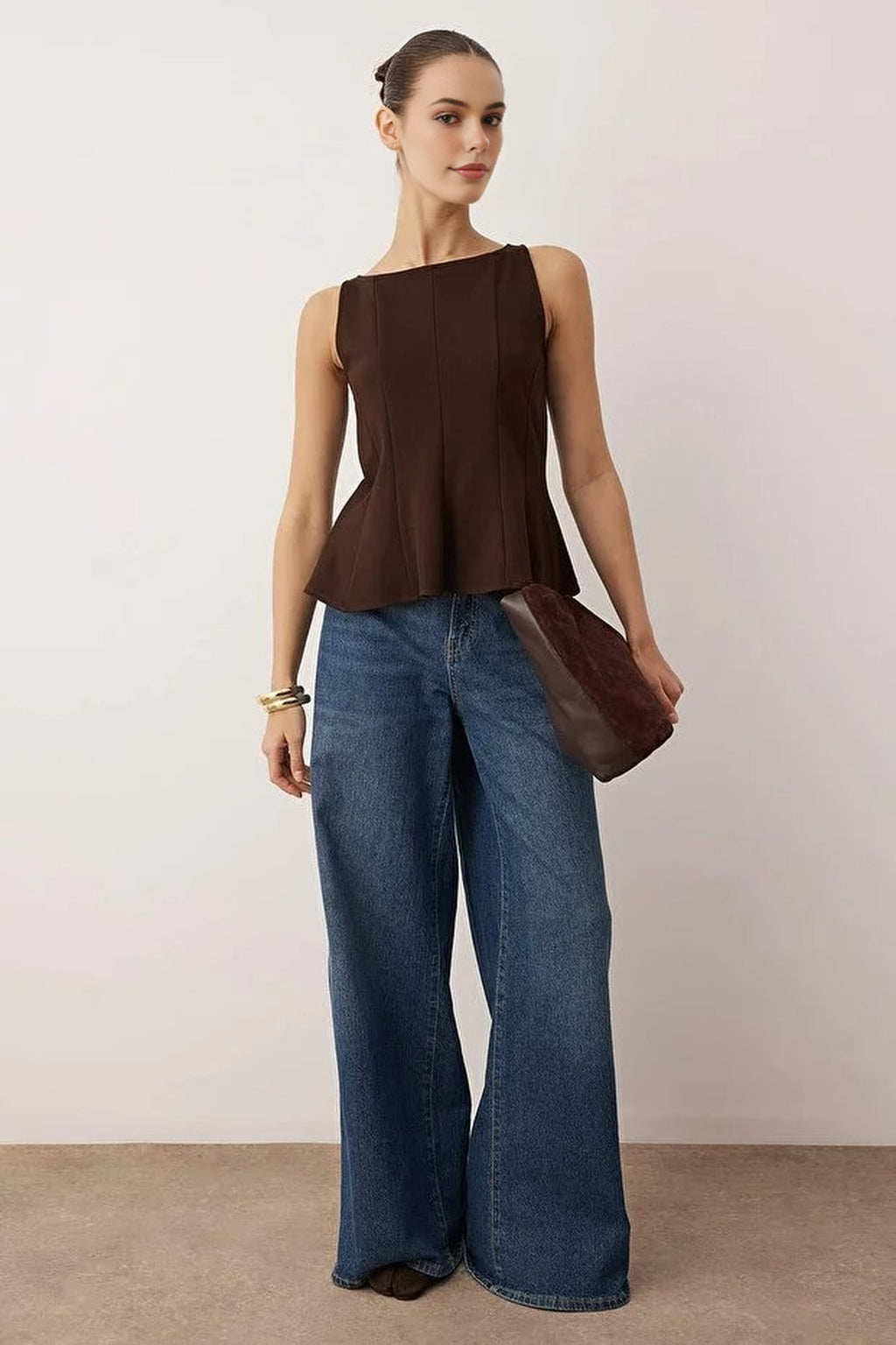 Peplum Boat Neck Stretch Knit Blouse