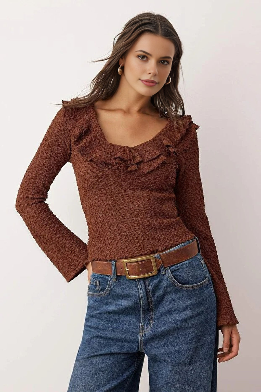 Textured Fitted Stretch Knit Blouse with Ruffle Detail
