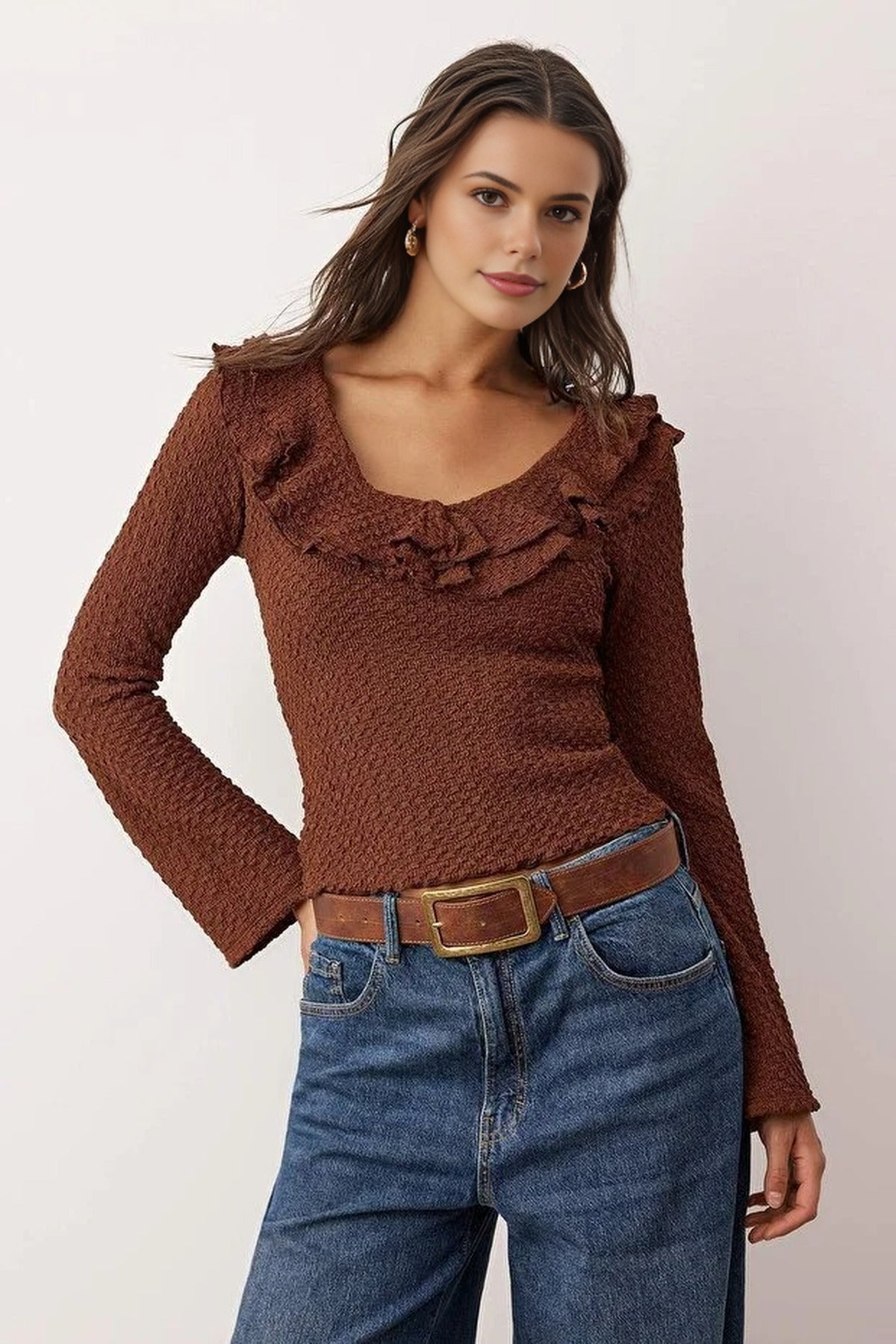 Textured Fitted Stretch Knit Blouse with Ruffle Detail