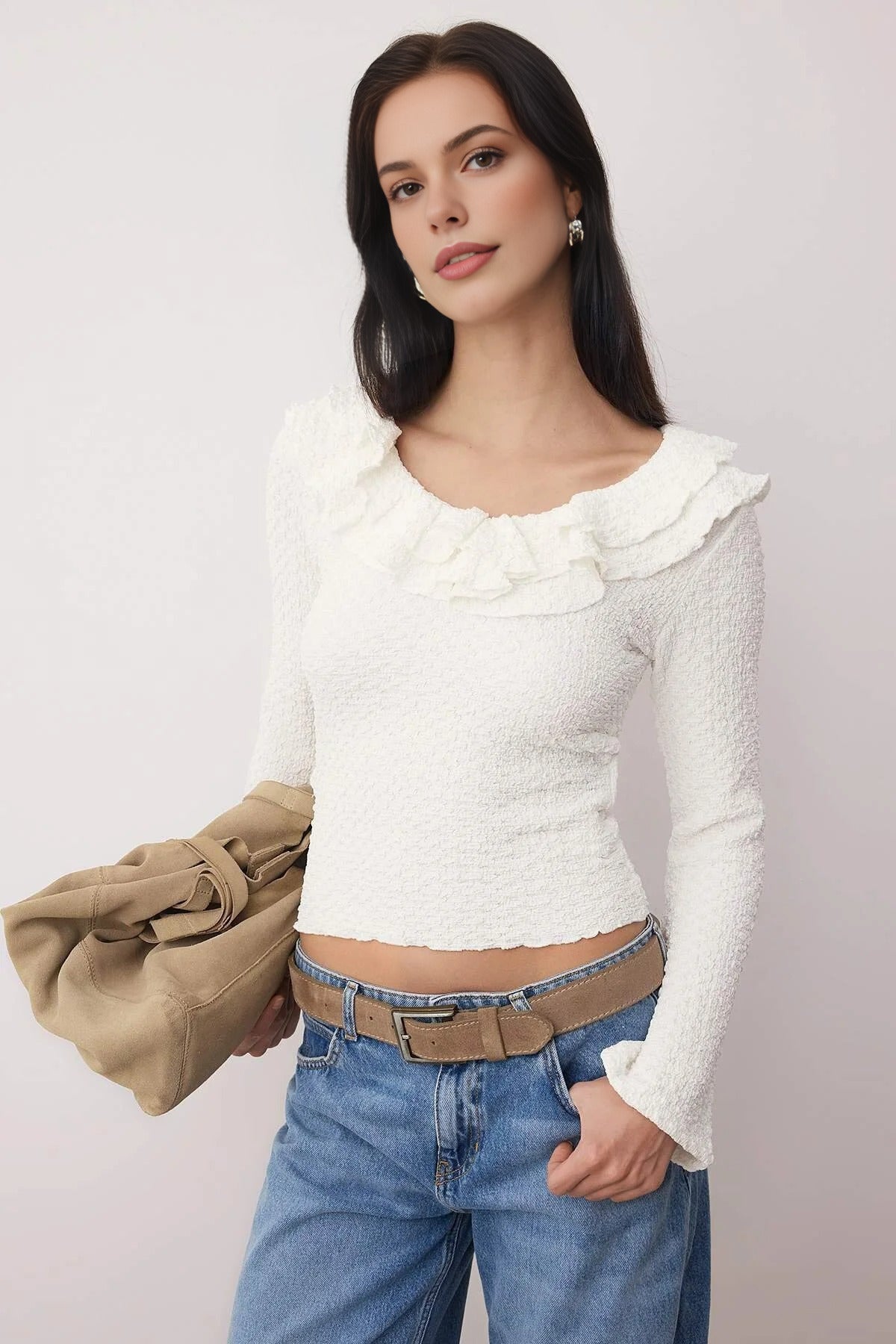 Textured Fitted Stretch Knit Blouse with Ruffle Detail