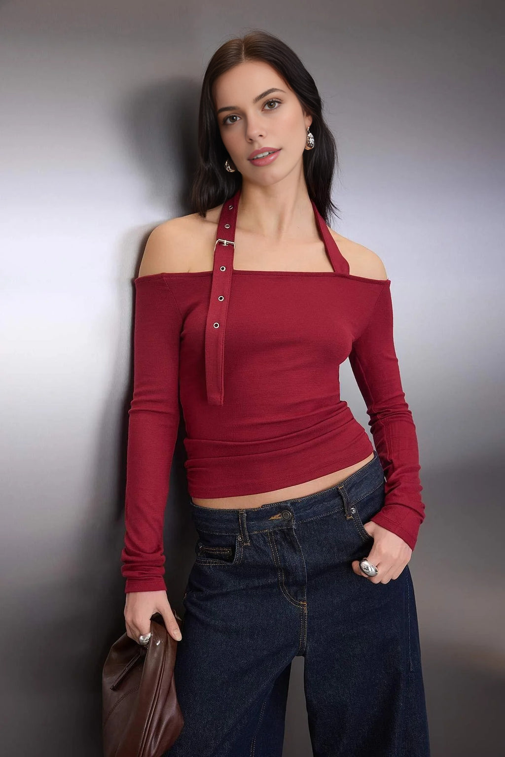 Fitted Knitted Blouse with Accessory Belt Detail
