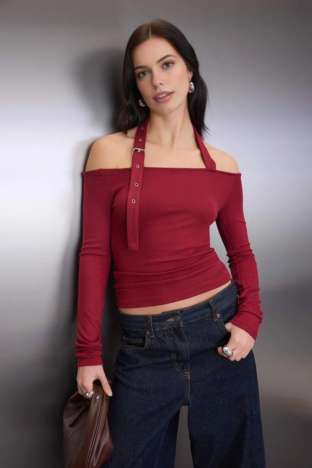 Fitted Knitted Blouse with Accessory Belt Detail