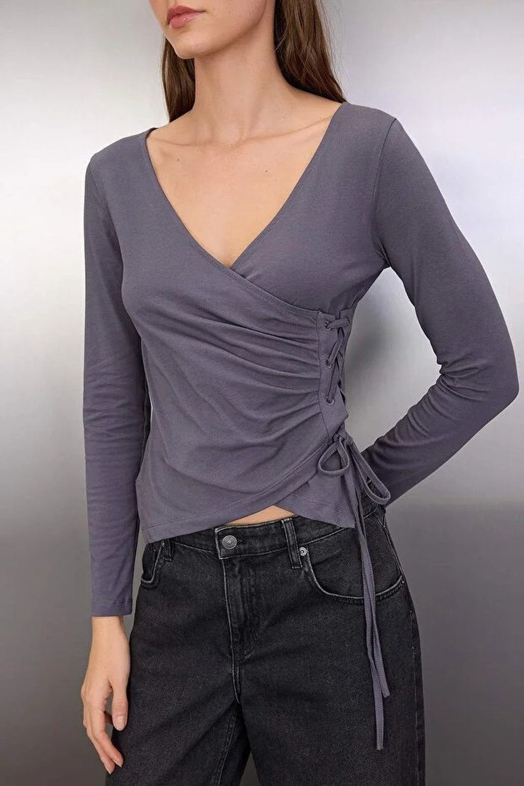 V-Neck Fitted Wrap Blouse with Tie Detail