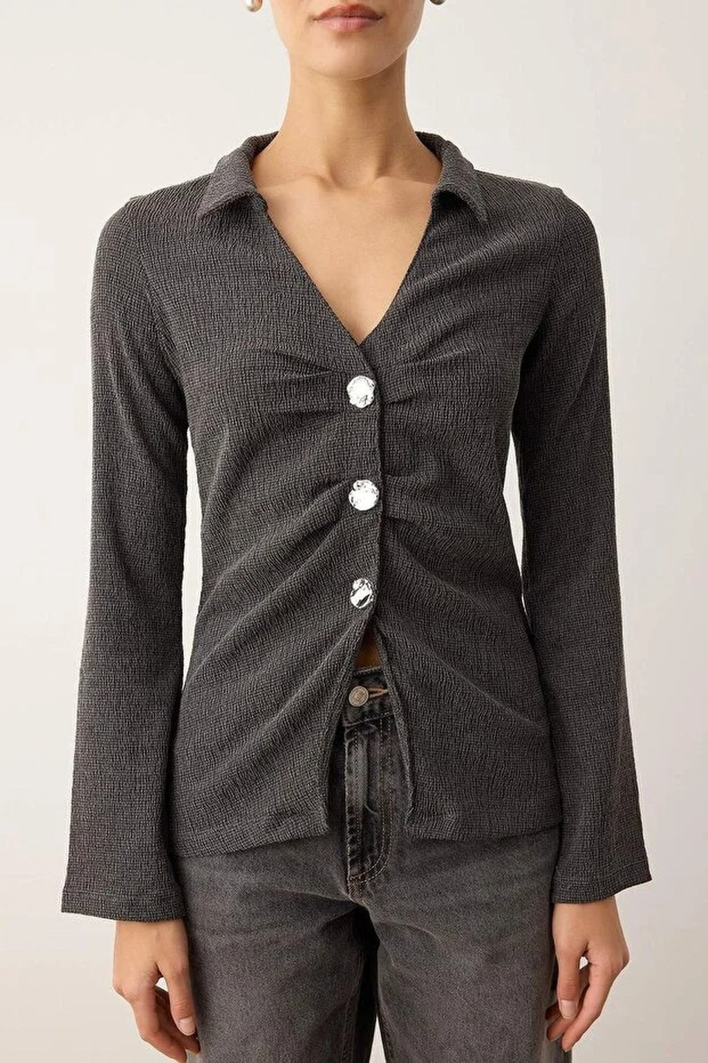 Polo Collar Gathered Button-Down Fitted Stretch Knit Blouse