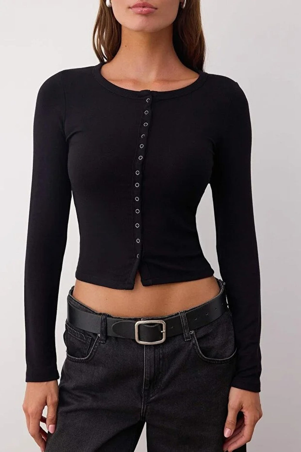 Full Front Snap Fitted Knit Blouse