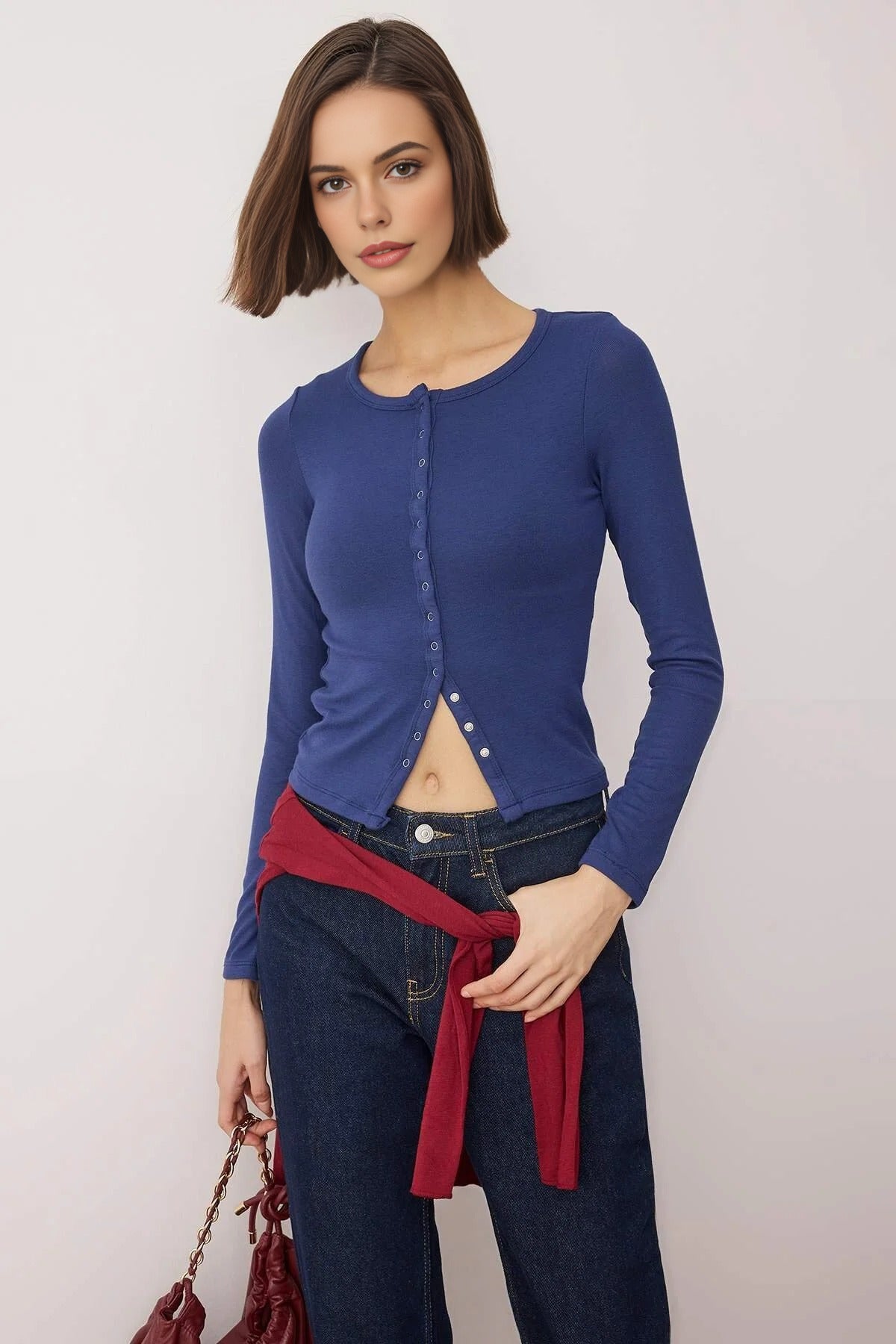 Full Front Snap Fitted Knit Blouse