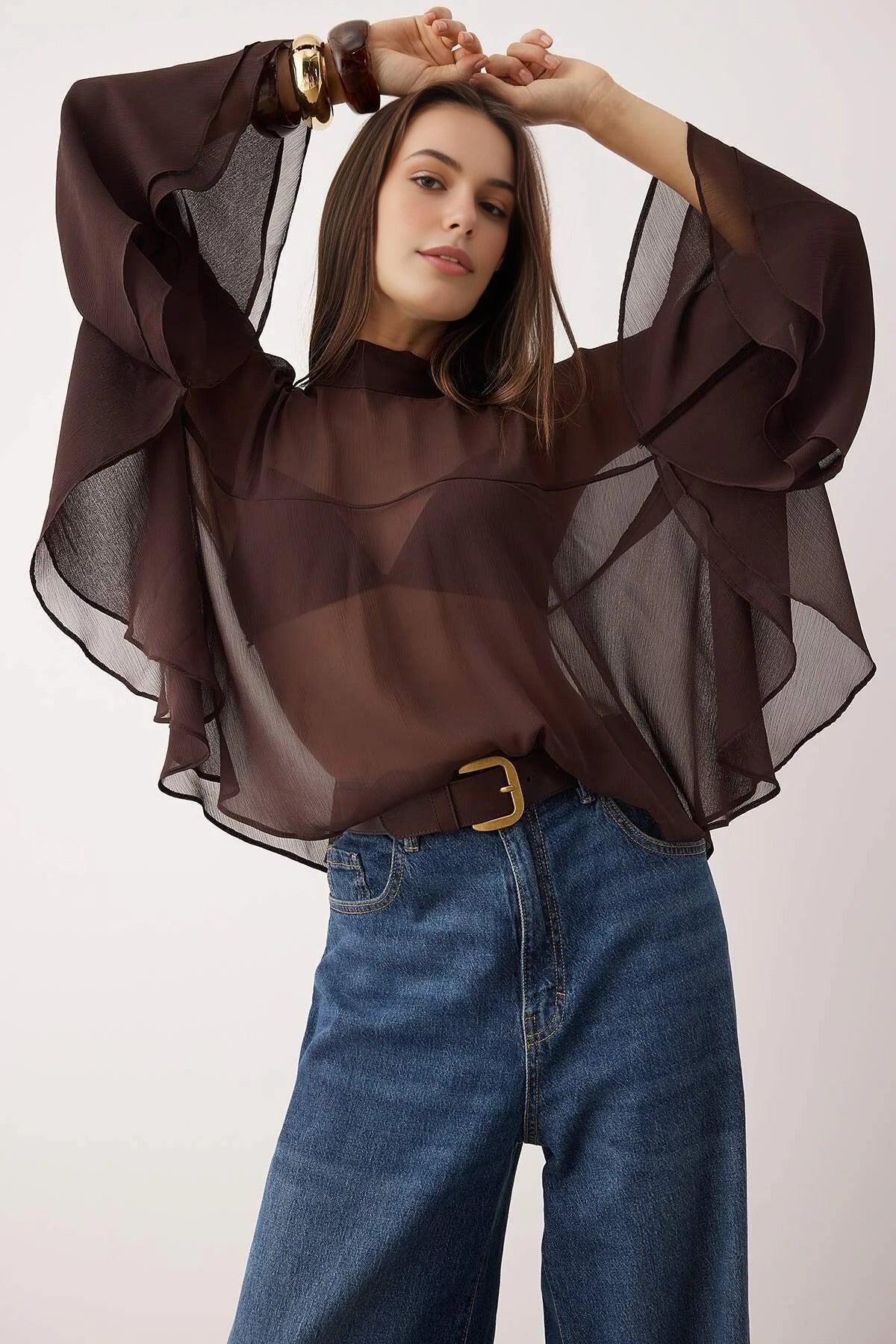 Unlined Boho Woven Blouse with Ruffles