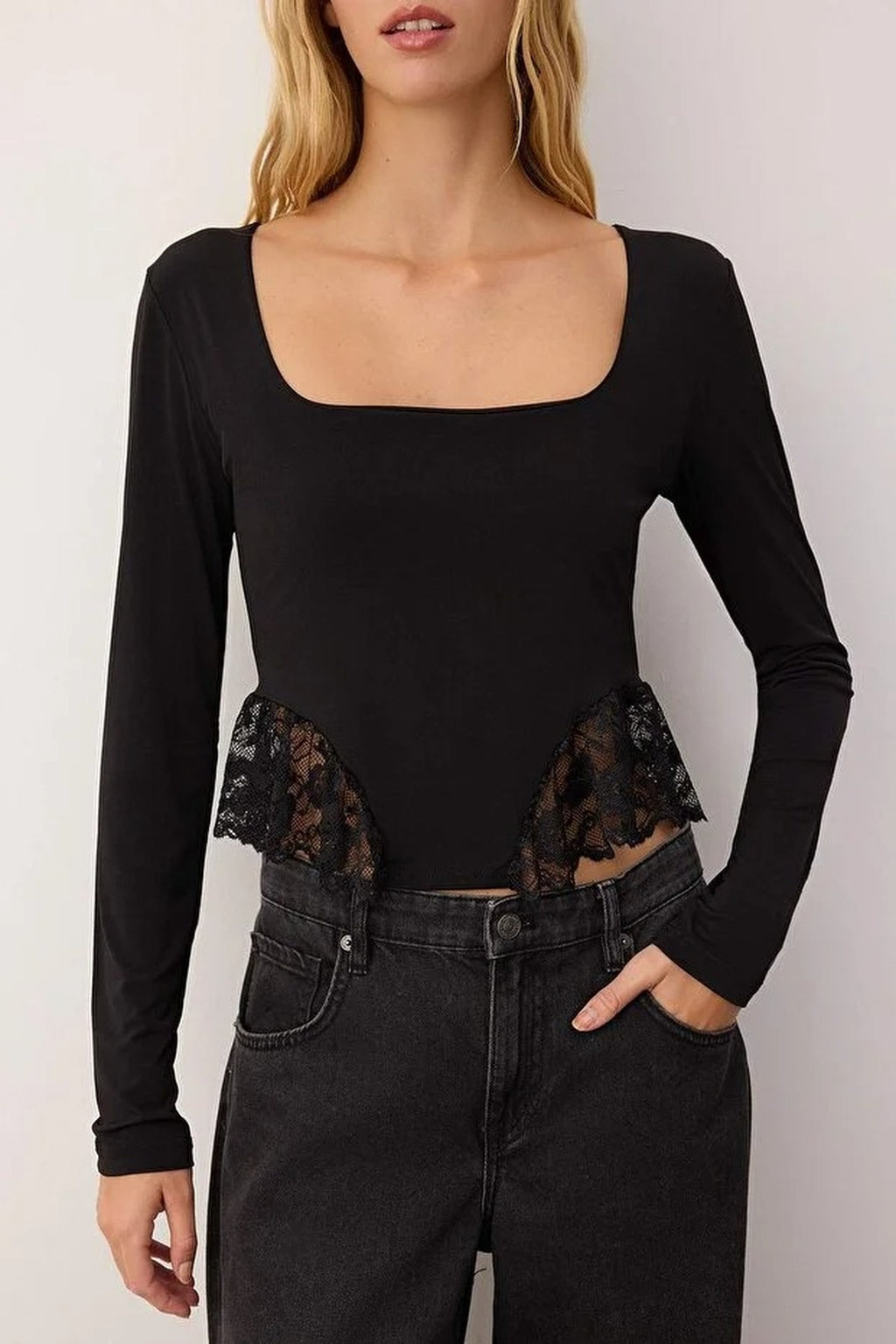 Square Neck Lace Trimmed Knitted Party Blouse