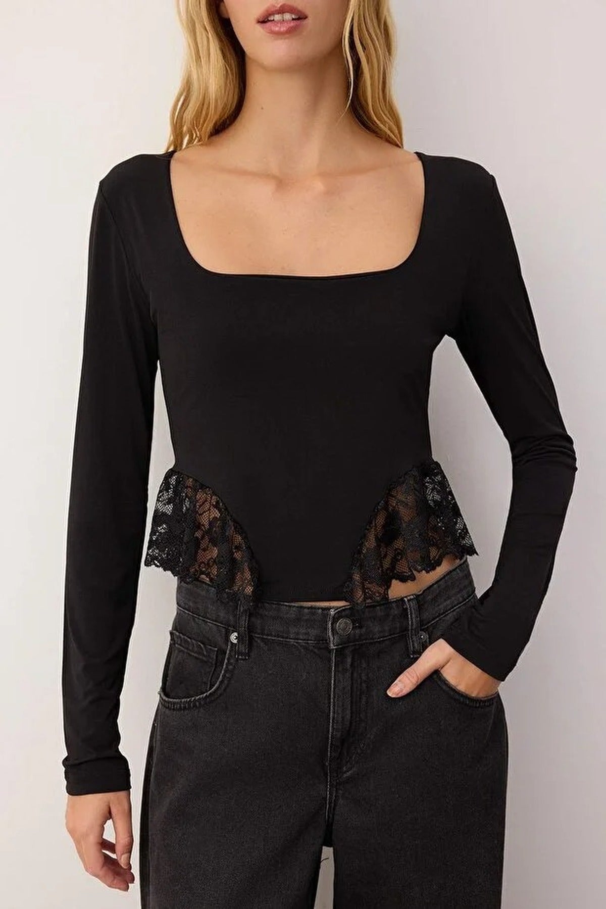 Square Neck Lace Trimmed Knitted Party Blouse