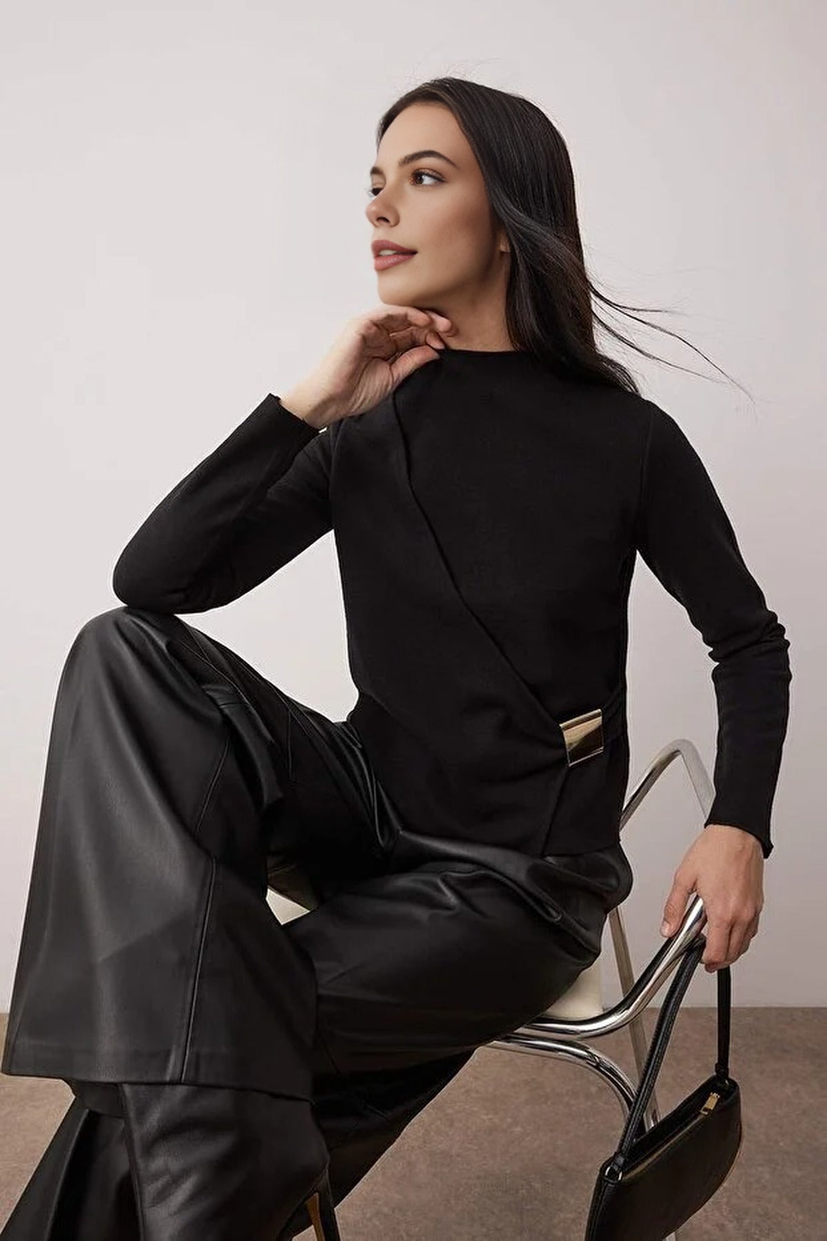 Accessory Detailed Wrap Long-Sleeved Knitted Blouse