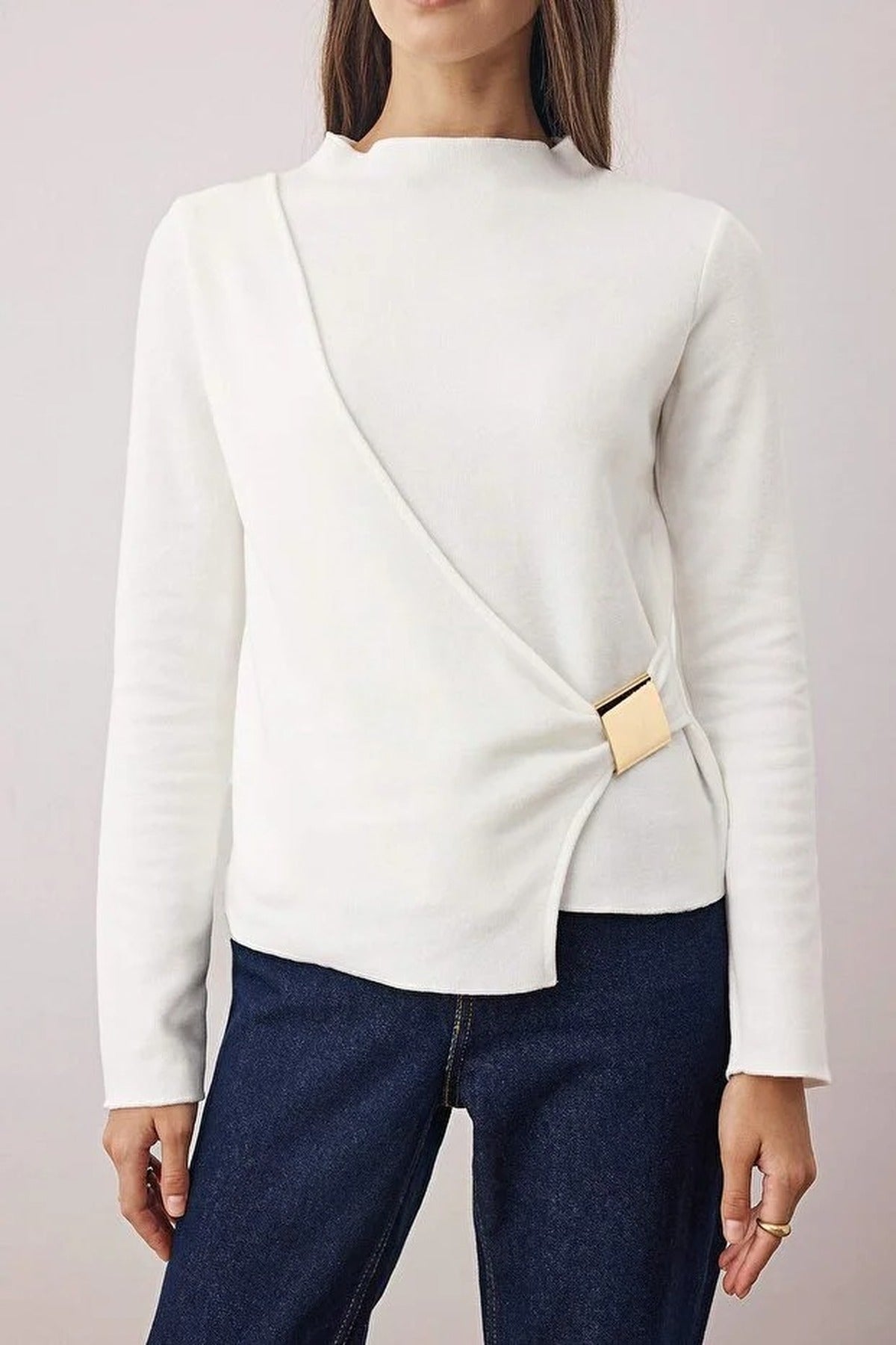 Accessory Detailed Wrap Long-Sleeved Knitted Blouse