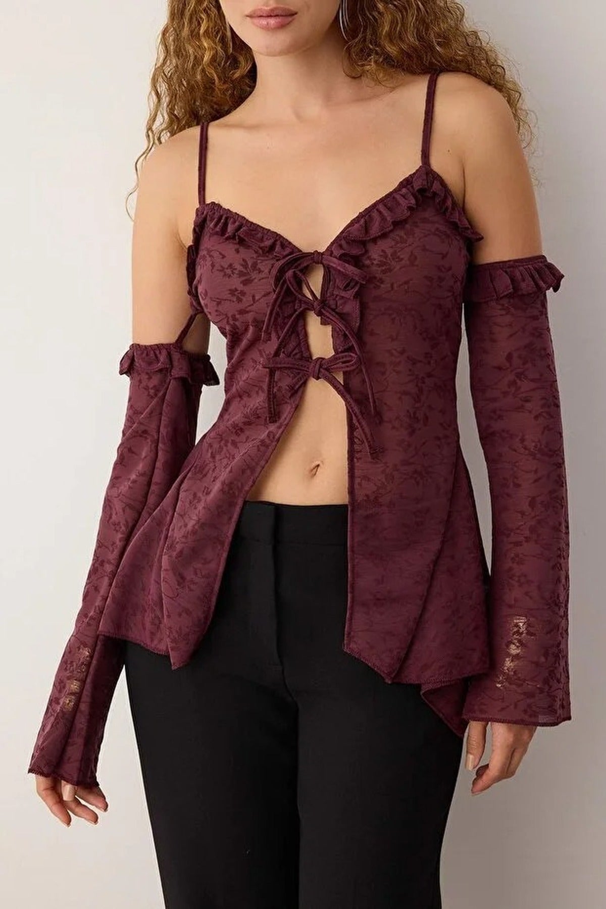 Floral Patterned Boho Lace Party Blouse with Tie Detail