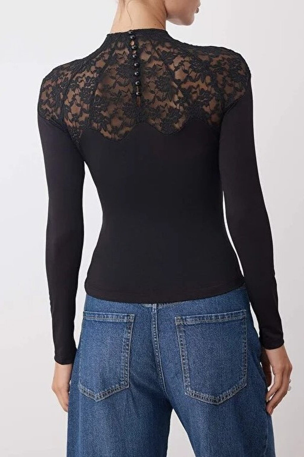 High Neck Lace Detail Knitted Party Blouse