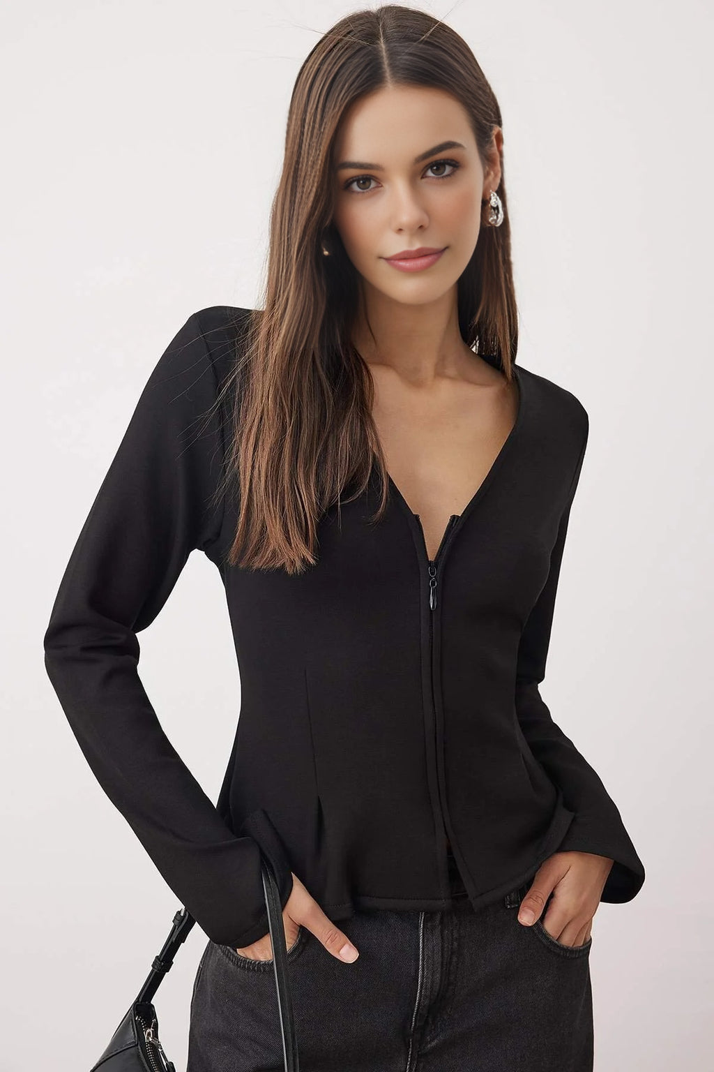 V-Neck Zip-Up Knitted Blouse