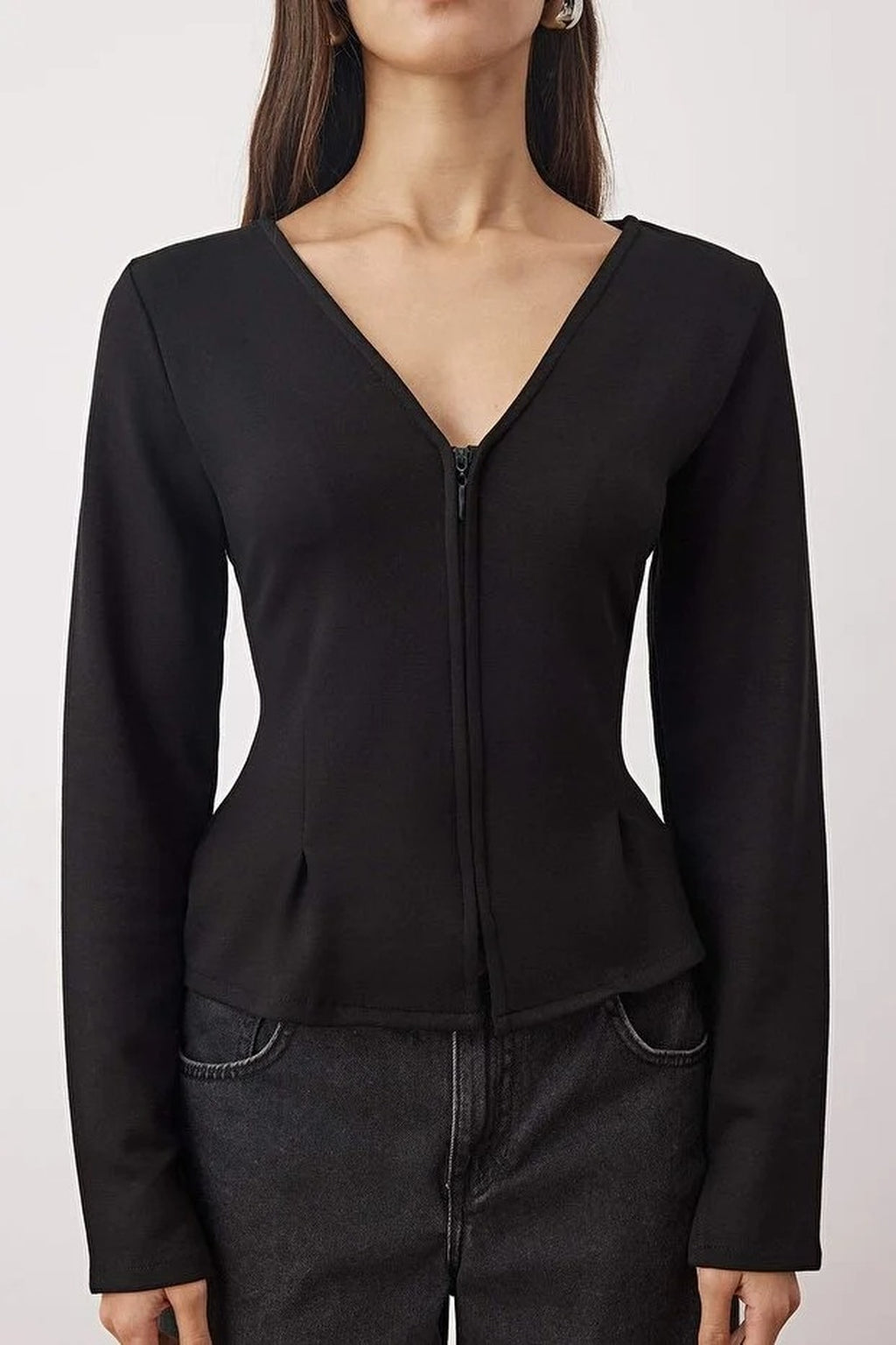 V-Neck Zip-Up Knitted Blouse