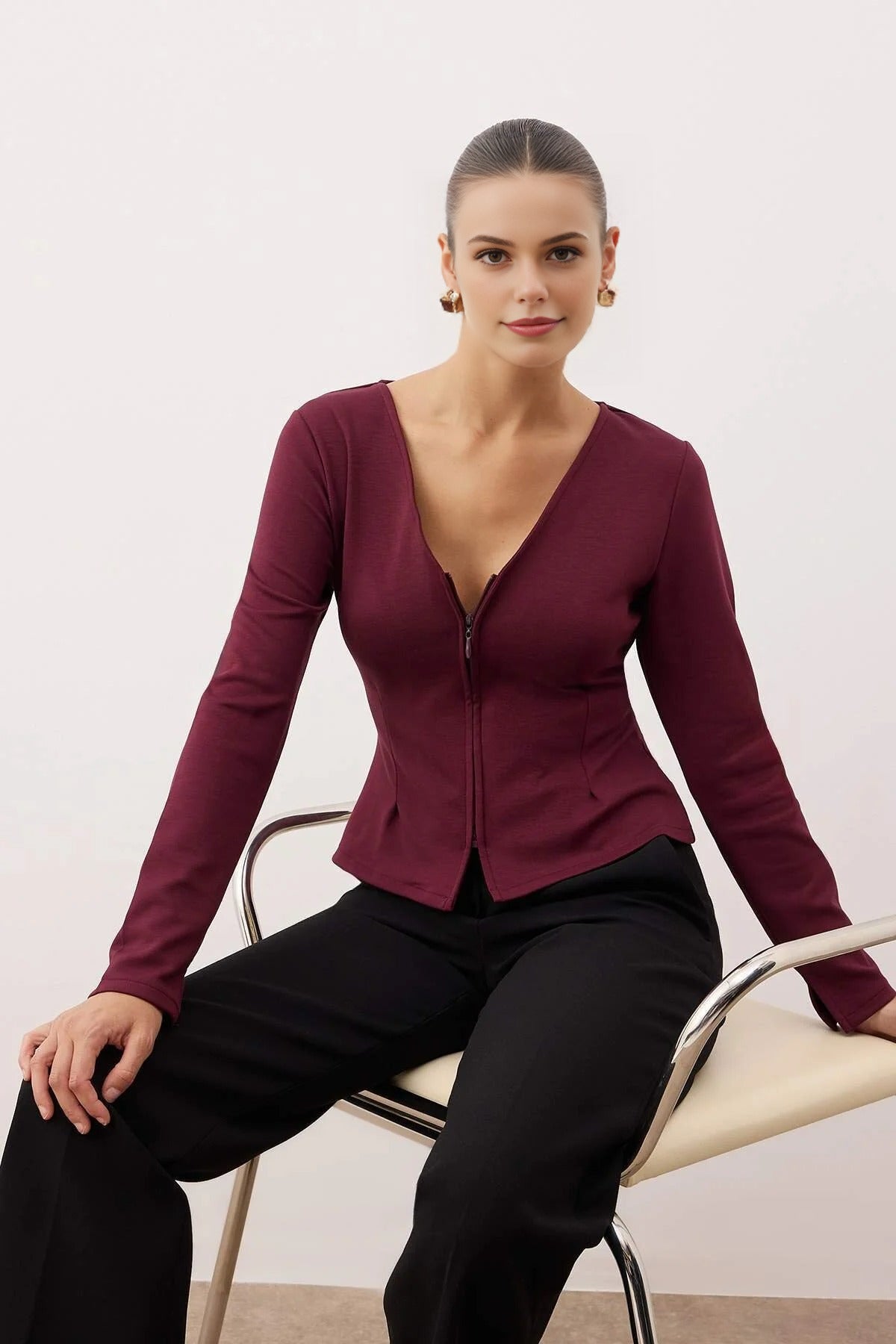 V-Neck Zip-Up Knitted Blouse