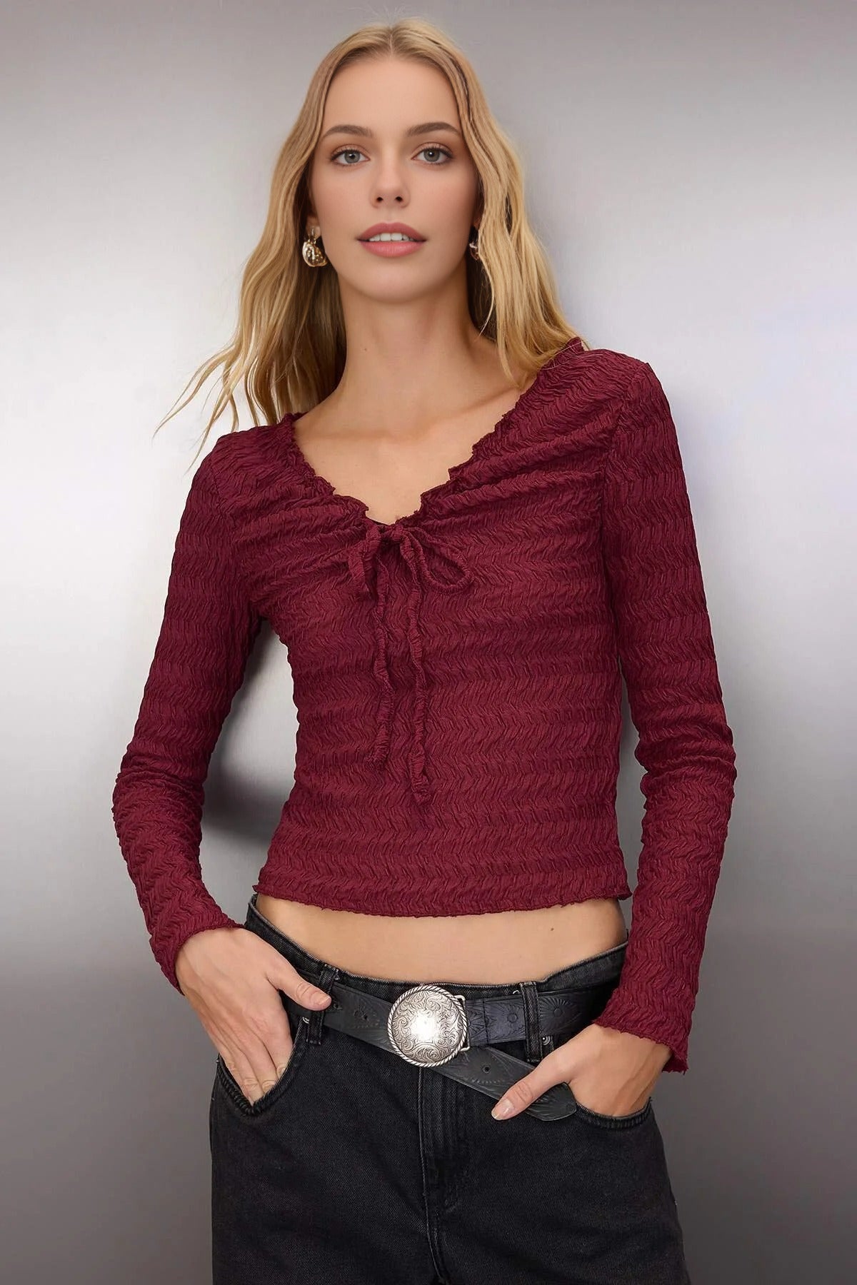 Textured Tie Detail V-Neck Stretch Knit Blouse